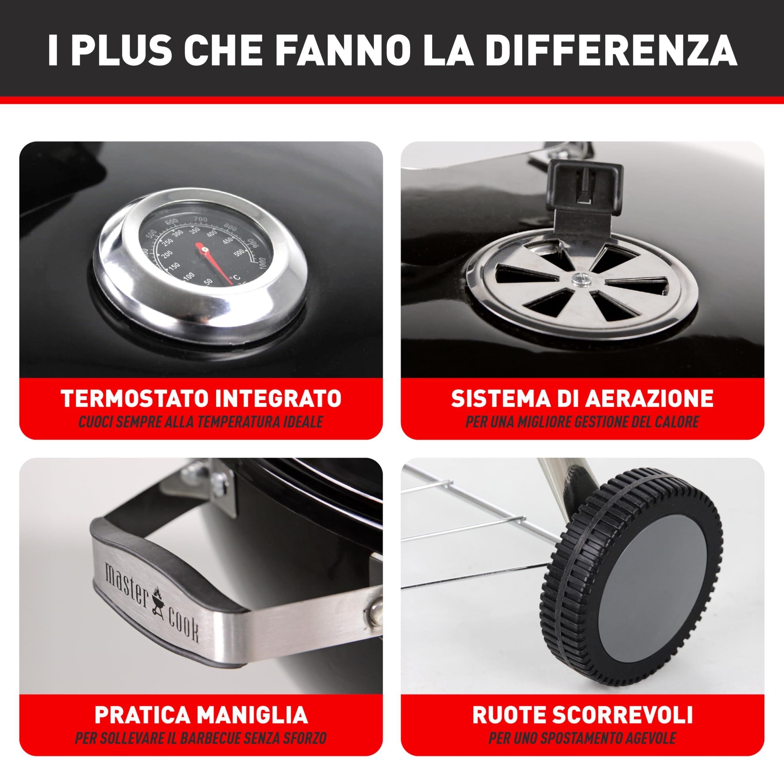 MasterCook - Barbecue a Carbonella Diametro Griglia 57 cm, Barbecue con Ruote e Coperchio, BBQ a Carbone Dotato di Termometro e Sistema Raccogli Cenere, Altezza Griglia da Terra 78 cm (Ketty Nero)