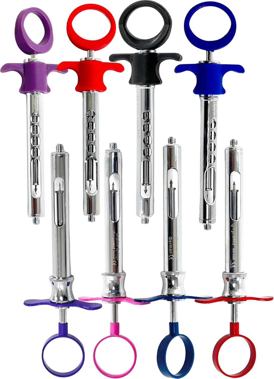 8 Pack | 1.8CC Self-Aspirating Dental Syringes with Arrow Point Plunger Rod (Type C-W) | Metal & Plastic Colored Handles | Multi-Color | German Stainless Steel Dental Instruments