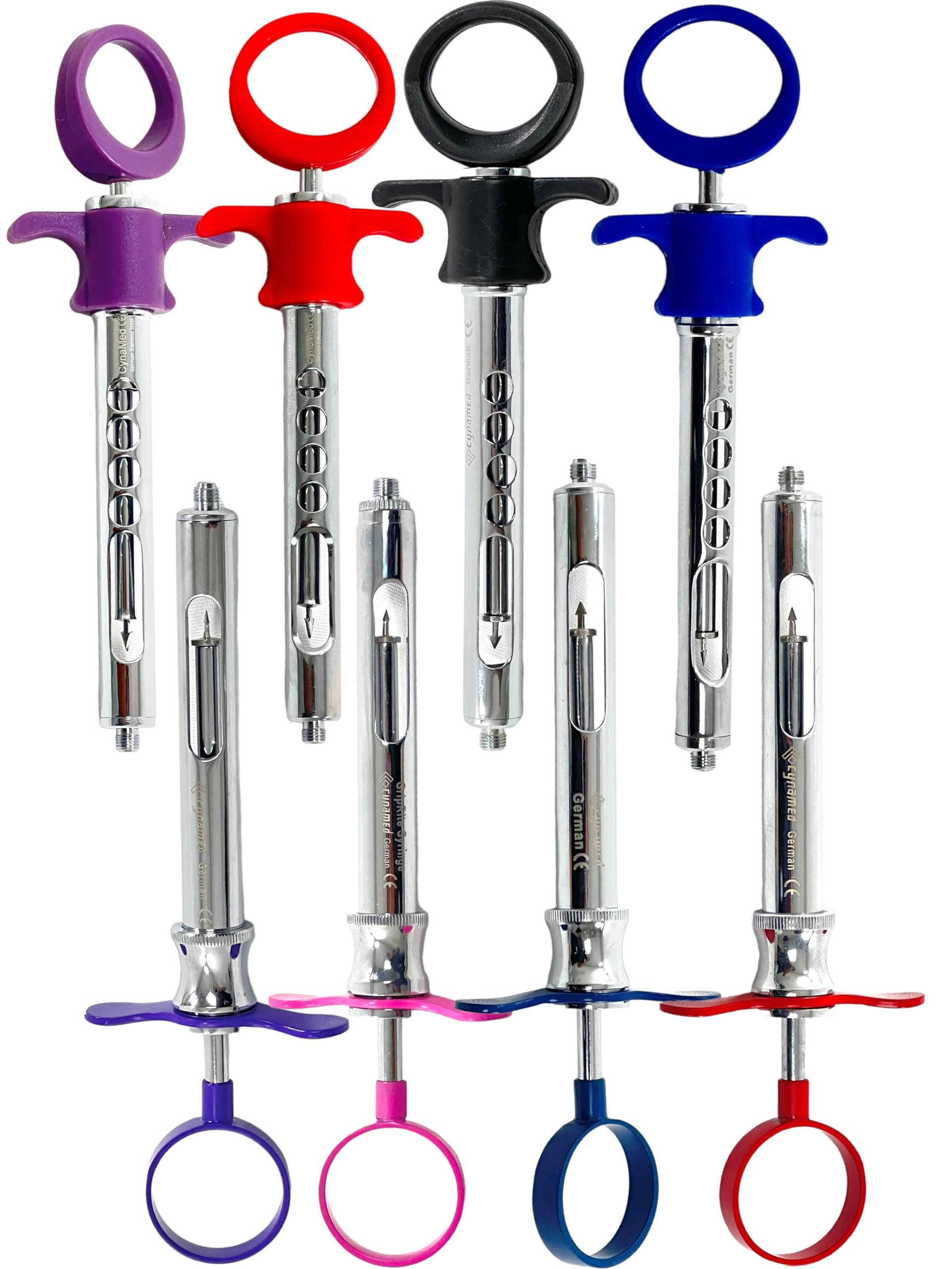 8 Pack | 1.8CC Self-Aspirating Dental Syringes with Arrow Point Plunger Rod (Type C-W) | Metal & Plastic Colored Handles | Multi-Color | German Stainless Steel Dental Instruments