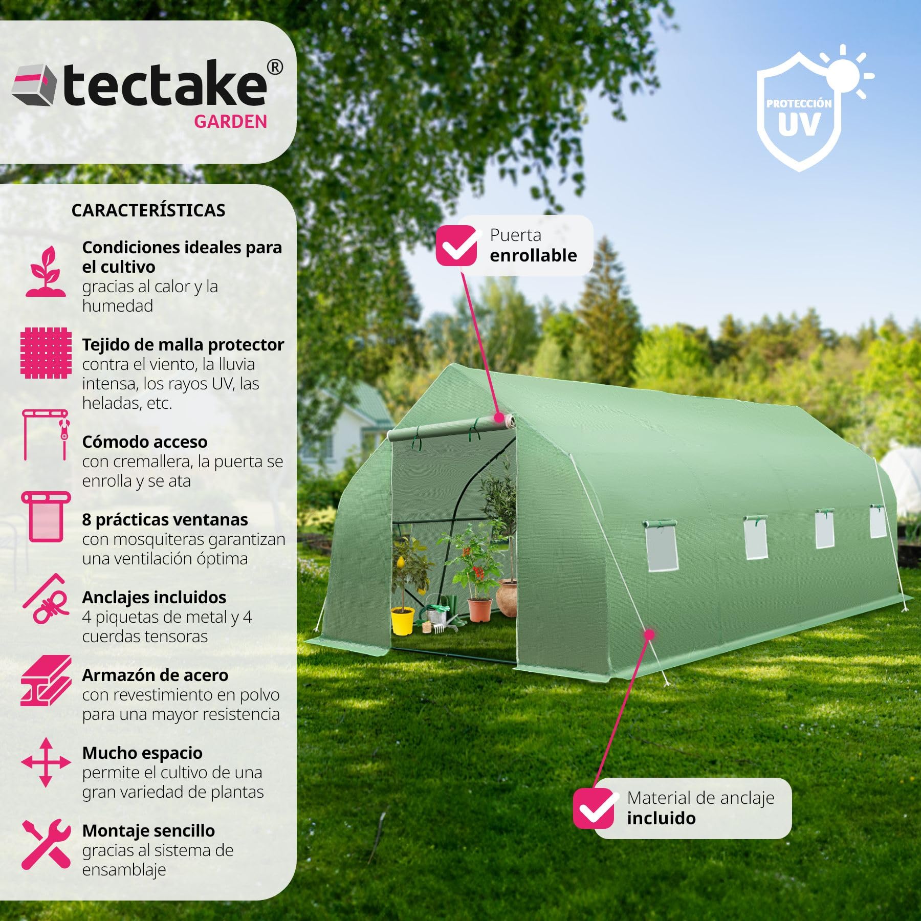 tectake® Invernadero Exterior de Policarbonato y Metal, Cubierta de PE contra UVA, Invernadero Terraza 143x143x195cm, Caseta Jardin Exterior, 8 Ventanas, Puerta Enrollable, Ideal Huerto y Jardín