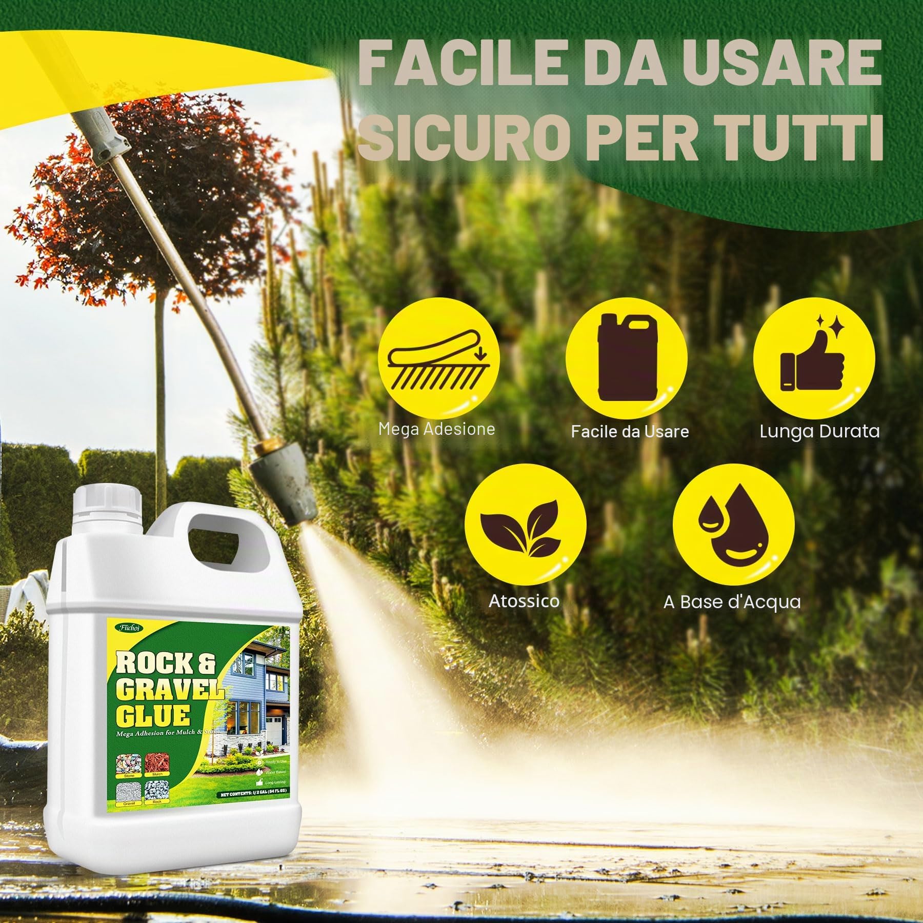 Legante per Ghiaia da Esterno - 4L Colla per Sassi per Bordo Giardino, Cortili e Vialetti, Non tossico Pronto all'Uso - Stabilizzatore Ghiaia Pacciamatura Corteccia, Ciottoli, Pietre