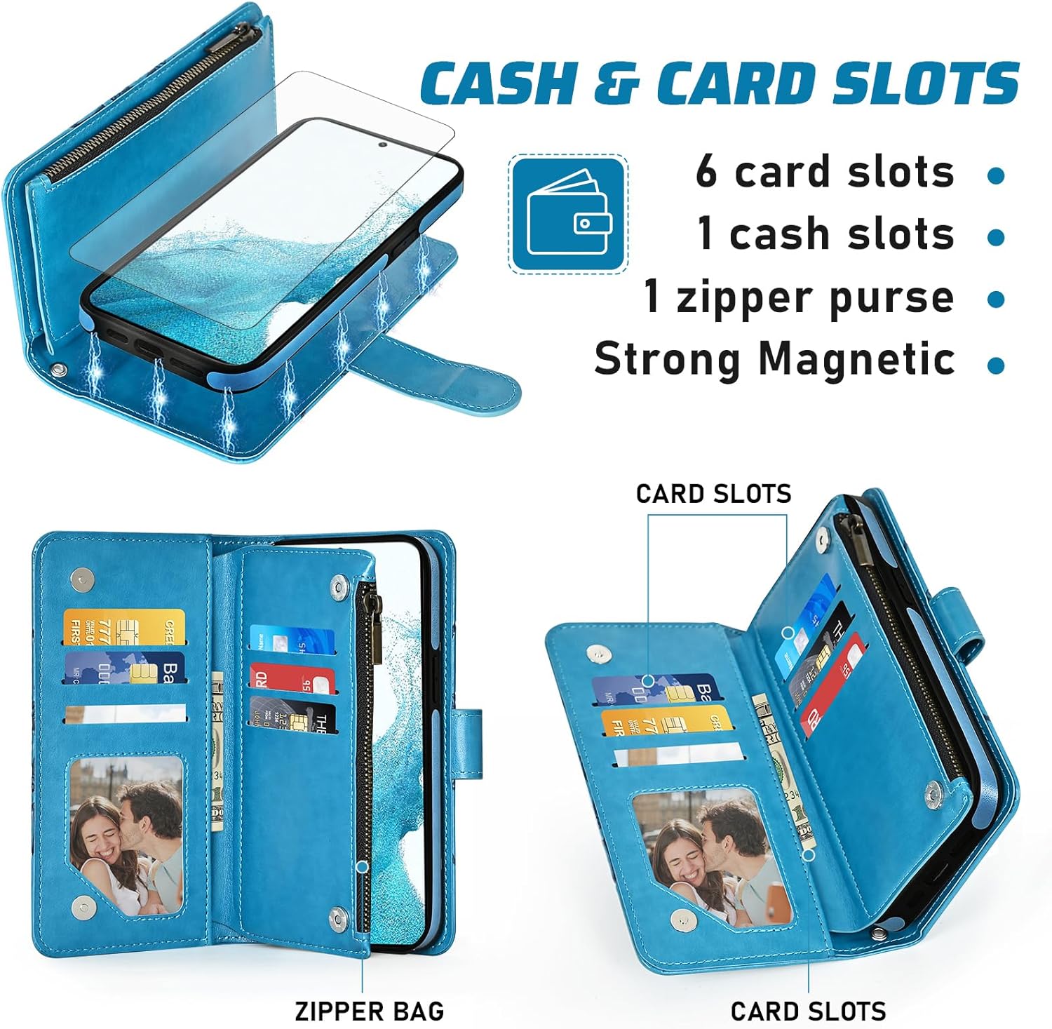 Asuwish Phone Case for Samsung Galaxy S22 5G Zipper Wallet Magnetic Detachable Cell Cover with Screen Protector Crossbody Lanyard Strap Flower Flip Card Holder Slot S 22 4G G5 6.1 inch Women Men Blue