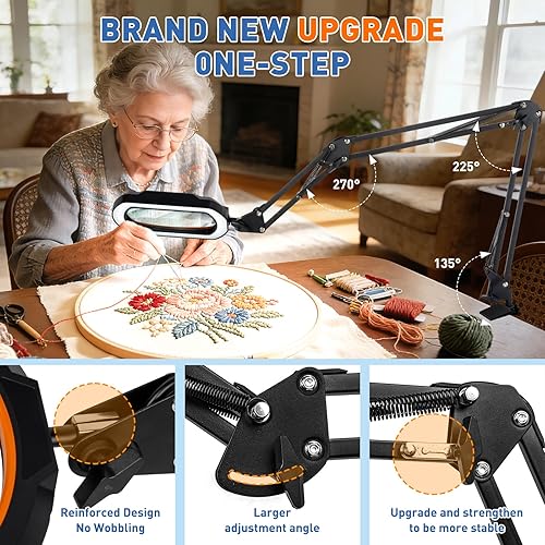 Miniatura 6 de HITTI Lupa cuadrada 12X con luz y abrazadera, lámpara de escritorio LED de brazo de 3 secciones ultra larga, 5 colores y atenuación continua,