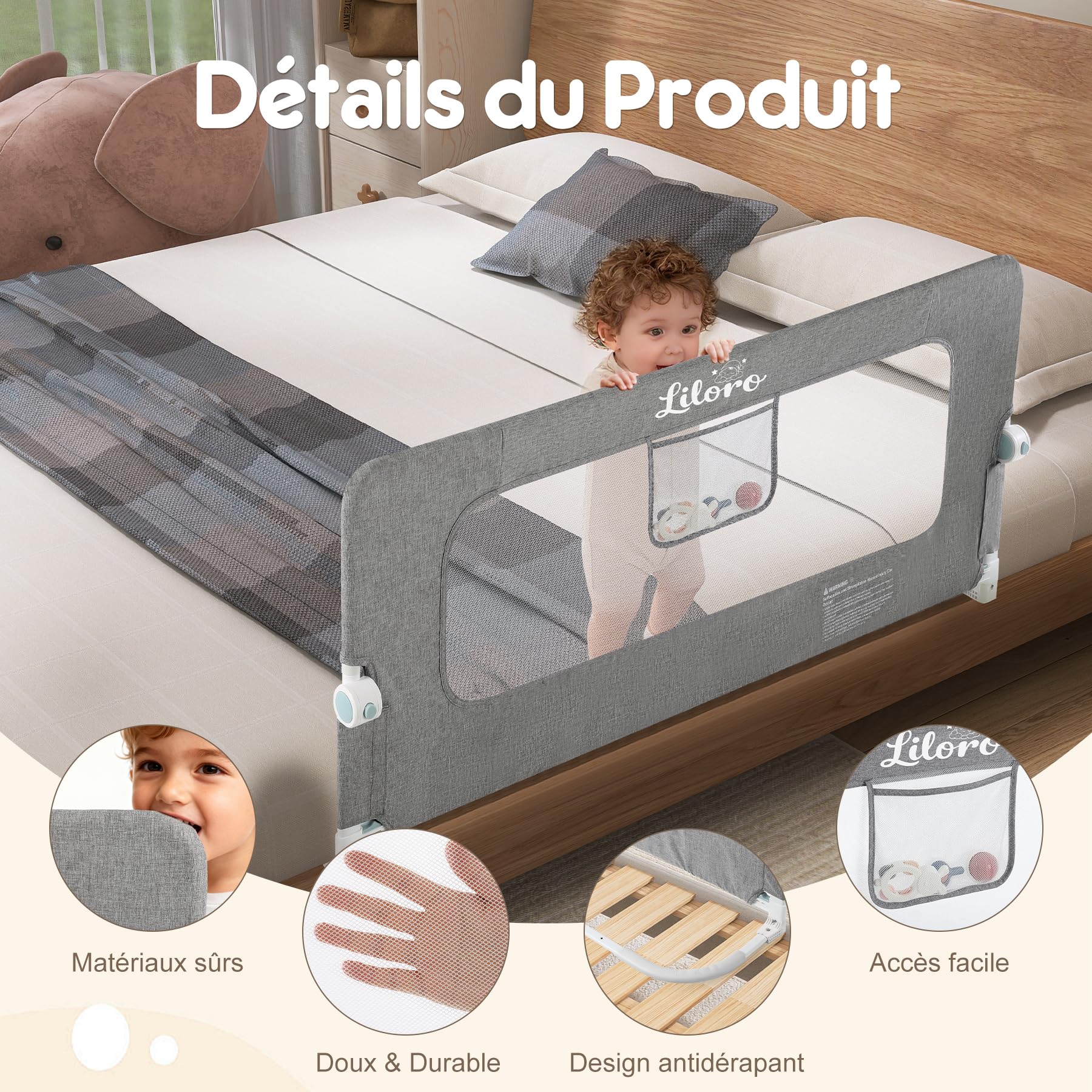 Barrière de Lit Enfant 120 cm Repliable sans Perçage, Base Élargie Anti-Collision