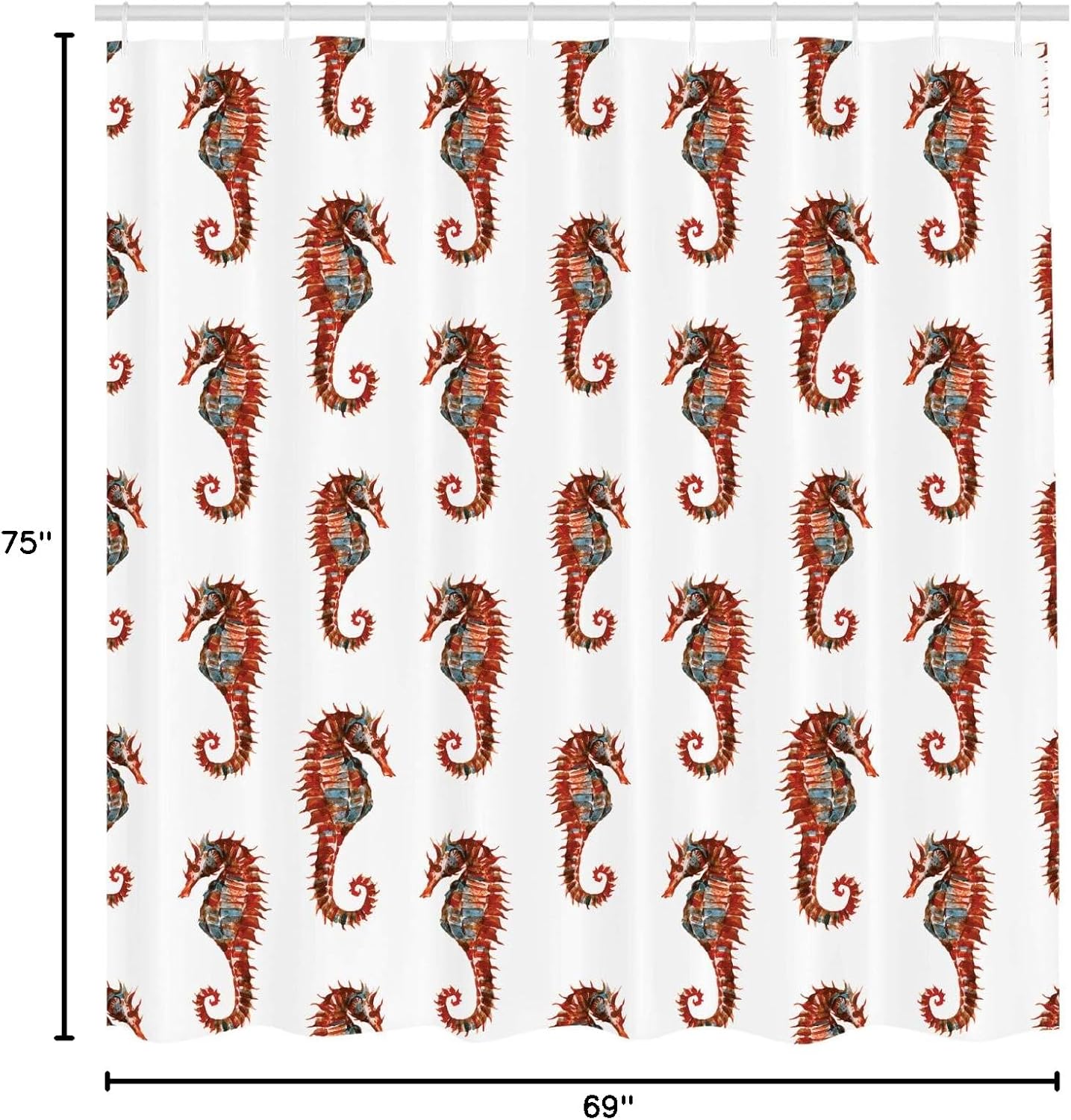 Ambesonne Animal Shower Curtain, Watercolor Seahorse Pattern with Vibrant Effect Beauty of Nature Design, Cloth Fabric Bathroom Decor Set with Hooks, 69" W x 75" L, Grey and Red