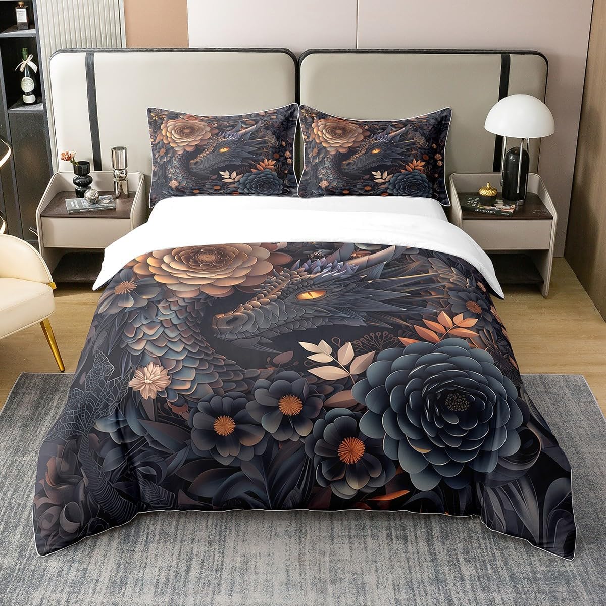 3 Pieces Dragon Duvet Cover 100% Nature Cotton King,Exotic Wildlife Flowers Jungle Animals Comforter Cover with Zipper Closure,Vintage Traditional Dragon Tribal Super Soft Bedding (Not Comforter)