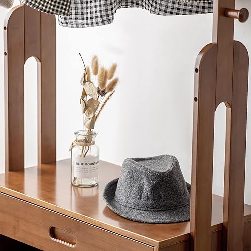 Miniatura 7 de CROSS WIN Perchero de madera de bambú para ropa, organizadores independientes de armario y cajones de almacenamiento con asiento y ganchos,