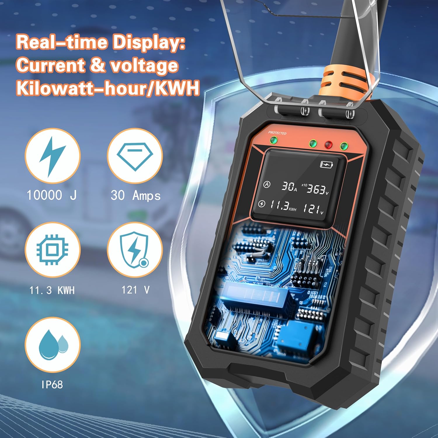 RV Surge Protector 30 Amp Smart RV Circuit Analyzer with LED Real-time Display Voltage Current KWH 10000 Joules Portable Waterproof RV Surge Protector for Camper Travel Trailer Rv Accessories