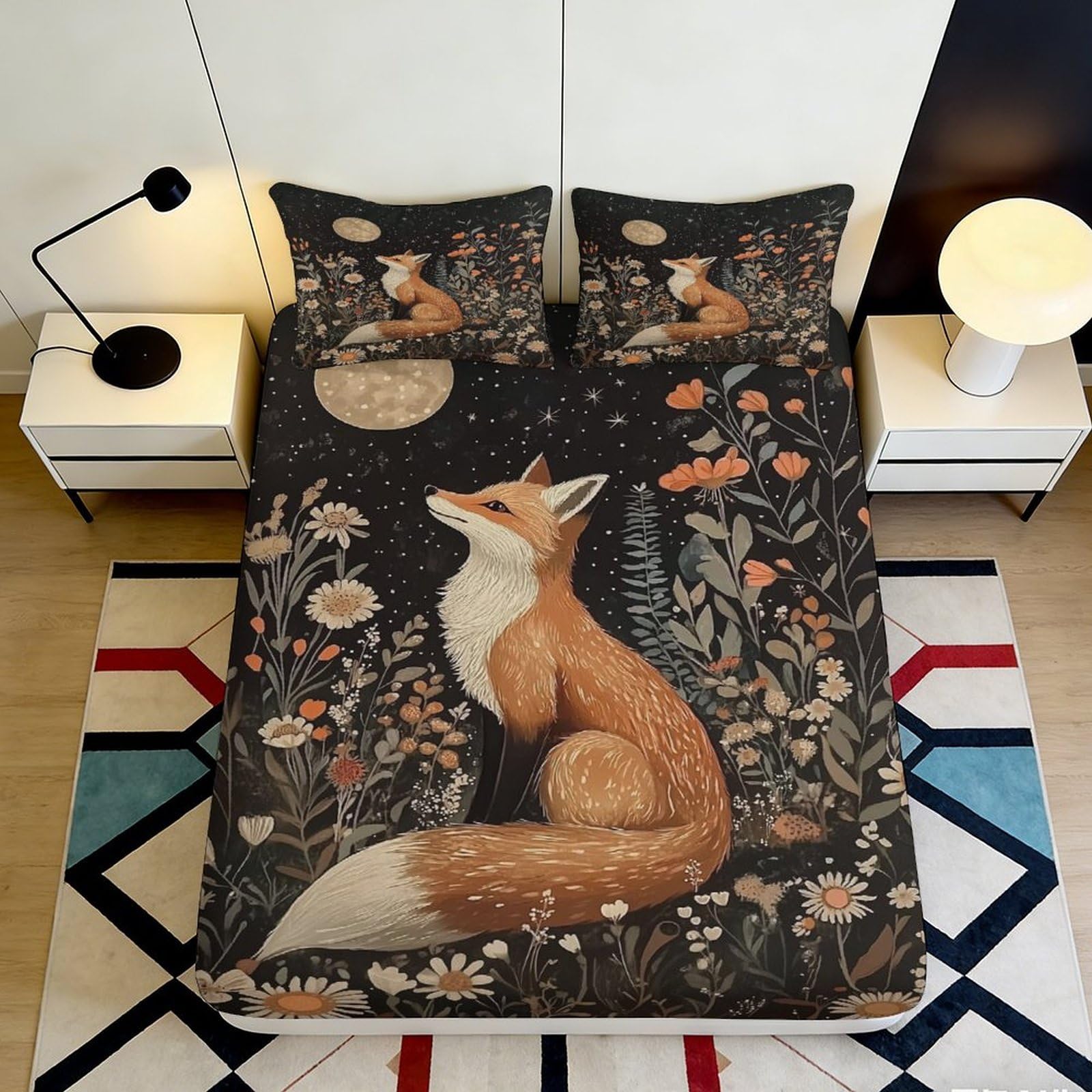 3D Printed Fox Forest Fitted Sheet Microfiber Soft Anti-Slip Woodland Bed Cover for Bedroom Guestroom Easy Care 90x200x25cm