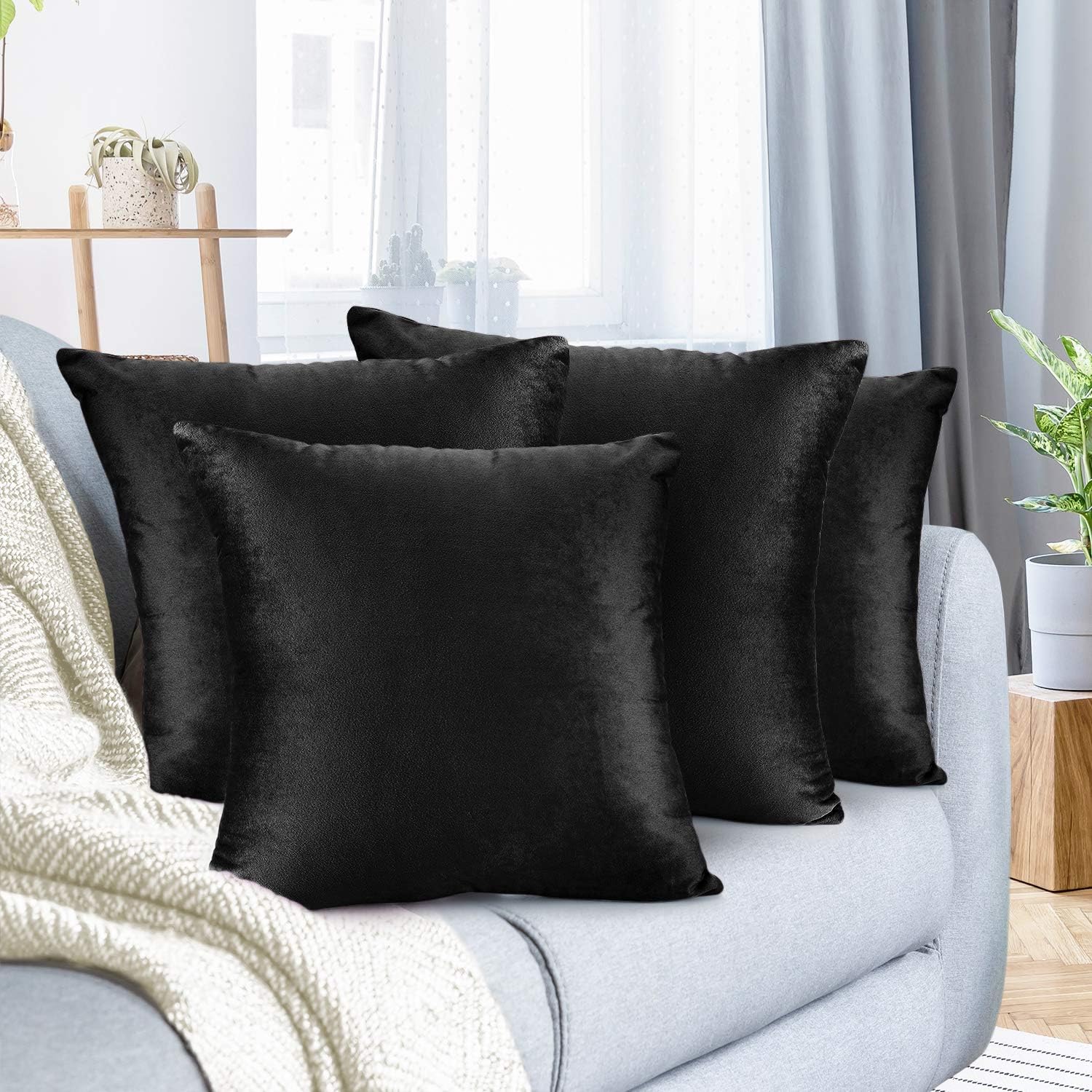 Nestl Throw Euro Pillow Covers, Cozy Velvet Decorative Pillow Covers 26 x 26 Inches, Soft Solid Couch Pillow Case for Sofa, Bed and Car, Set of 4 - Black