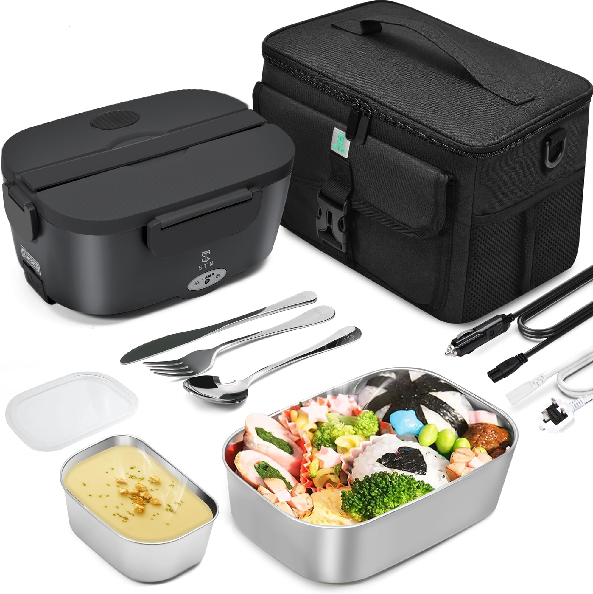 STN Electric Lunch Box Food Heater,Efficient Heated Lunch Box Set with Removable Pure 304 SS Container (1.5 L+ 0.45 L),Insulated Bags,Big Cutlery Set for 12v 24v 220v