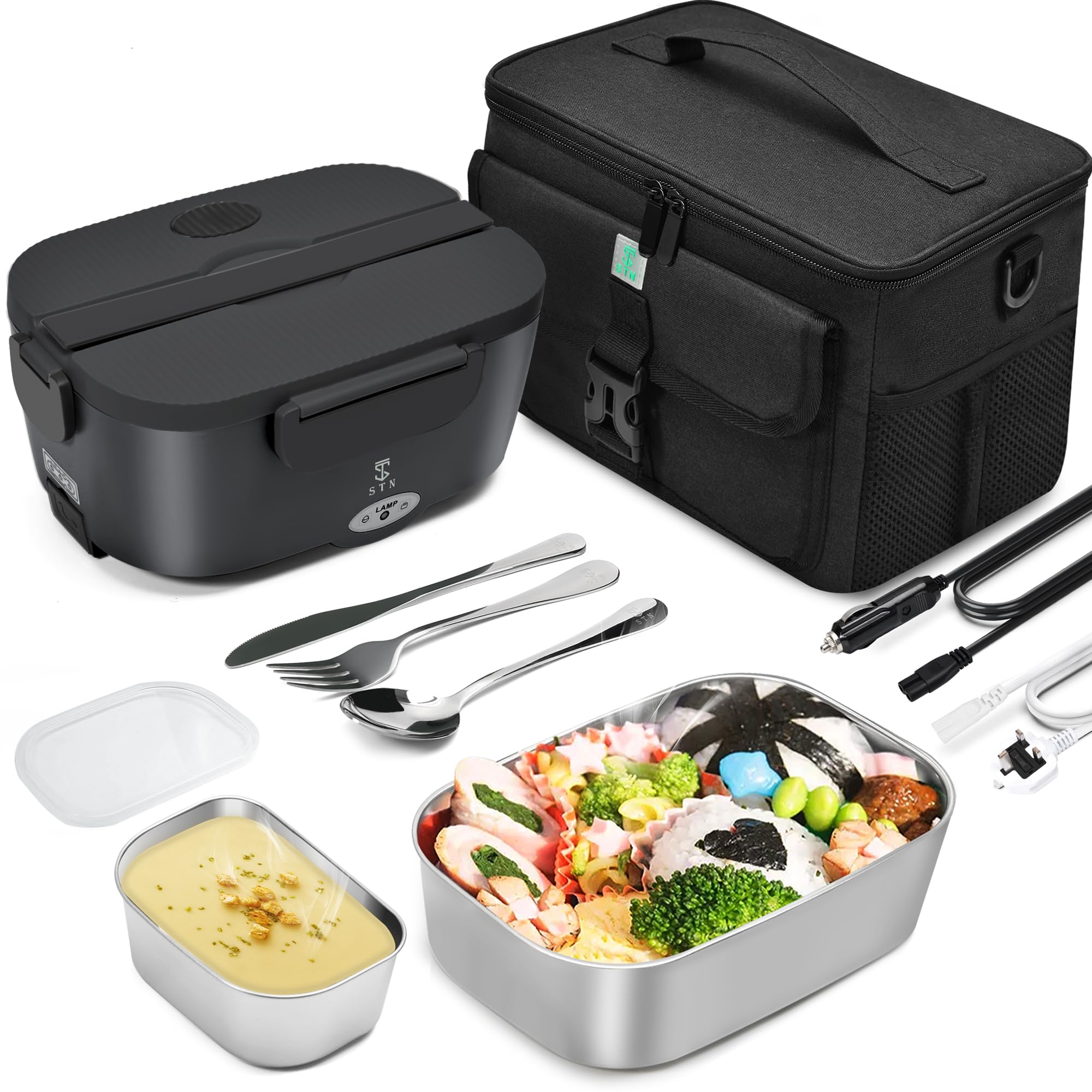 STNElectric Lunch Box Food Heater,Efficient Heated Lunch Box Set with Removable Pure 304 SS Container (1.5 L+ 0.45 L),Insulated Bags,Big Cutlery Set for 12v 24v 220v