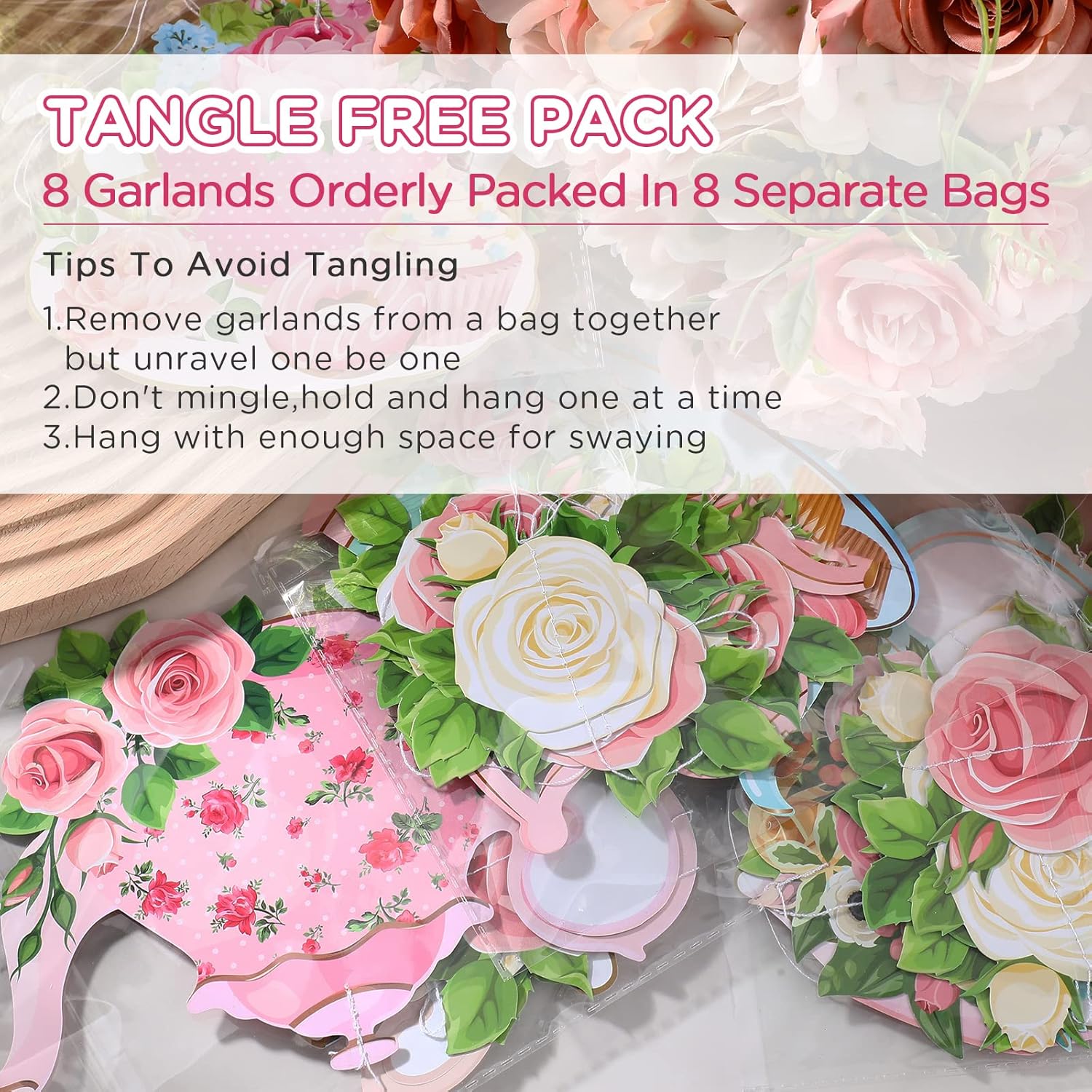 Faccito Floral Tea Party Decorations Double Sided Tea Party Hanging Garland Decor for Baby Shower Gender Reveal Bridal Wedding Favors Girls Women 32", 8 Pack - Image 3