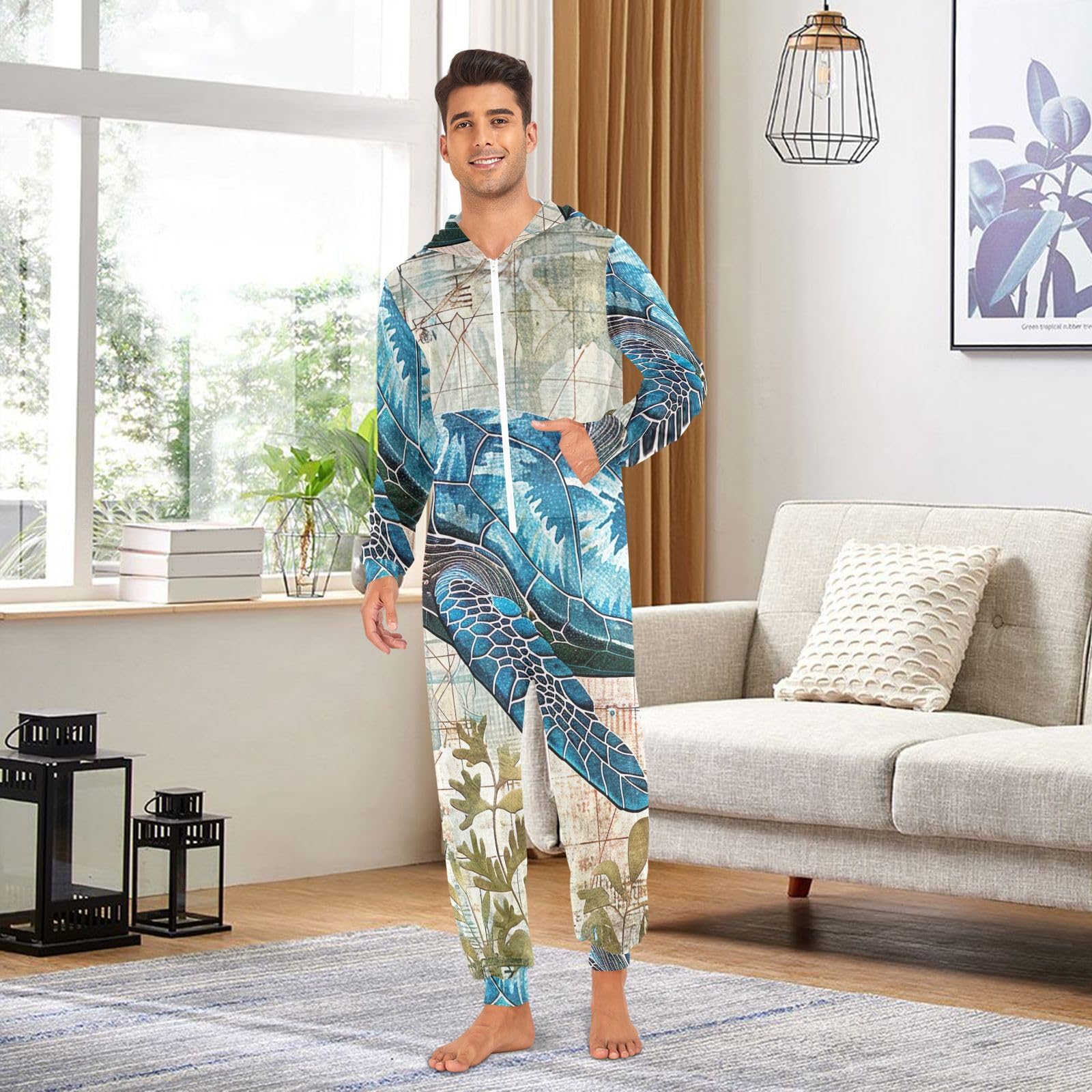 GAIREG Vintage niebieski żółw męski damski Onesie, pluszowa męska damska piżama bożonarodzeniowa