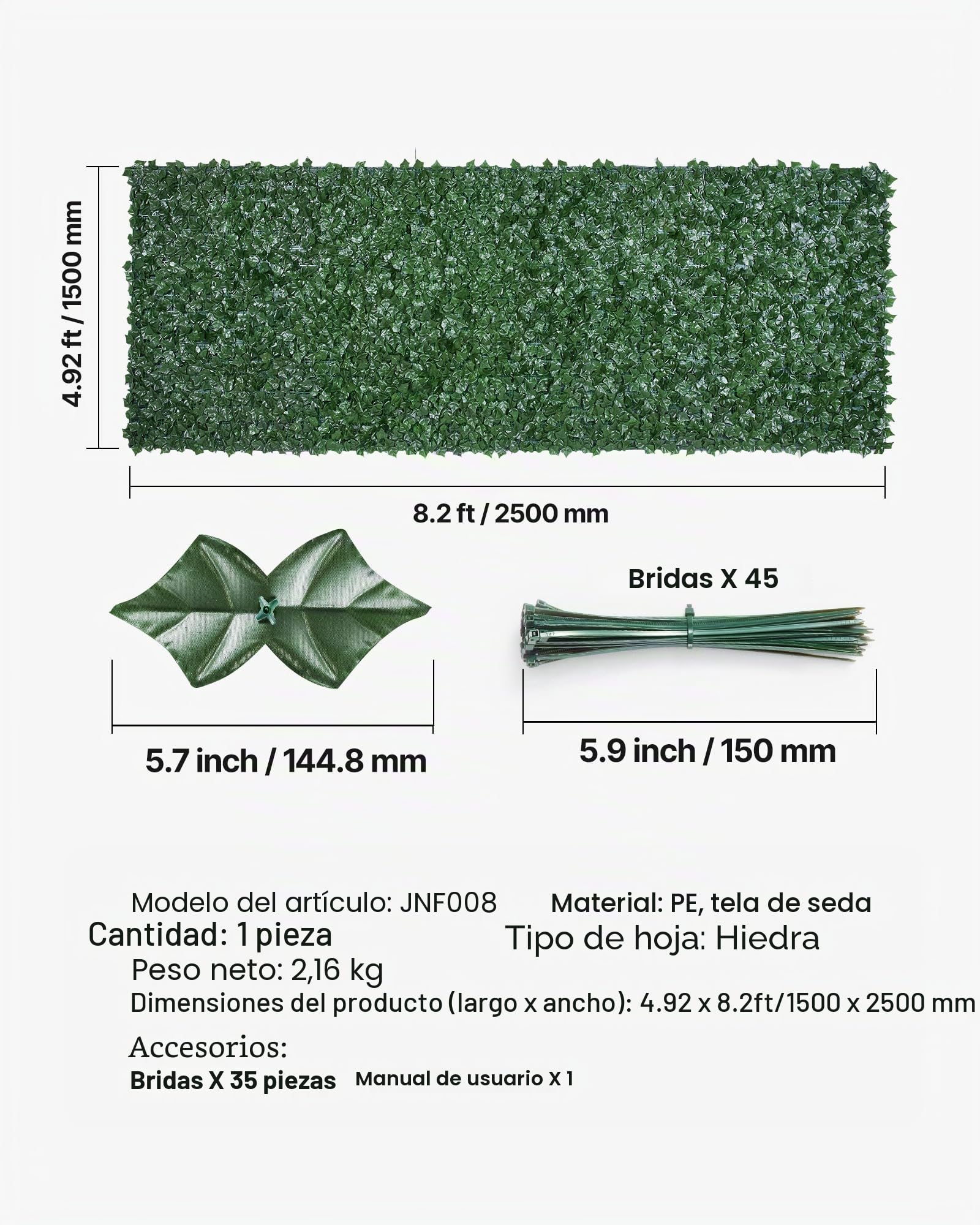 VEVOR Valla de Privacidad de Hiedra, Pantalla de Pared Verde Artificial, Valla de Hiedra Verde con Respaldo de Tela de Malla y Junta Reforzada, Setos Falsos Decoración de Hojas de Vid para Jardín