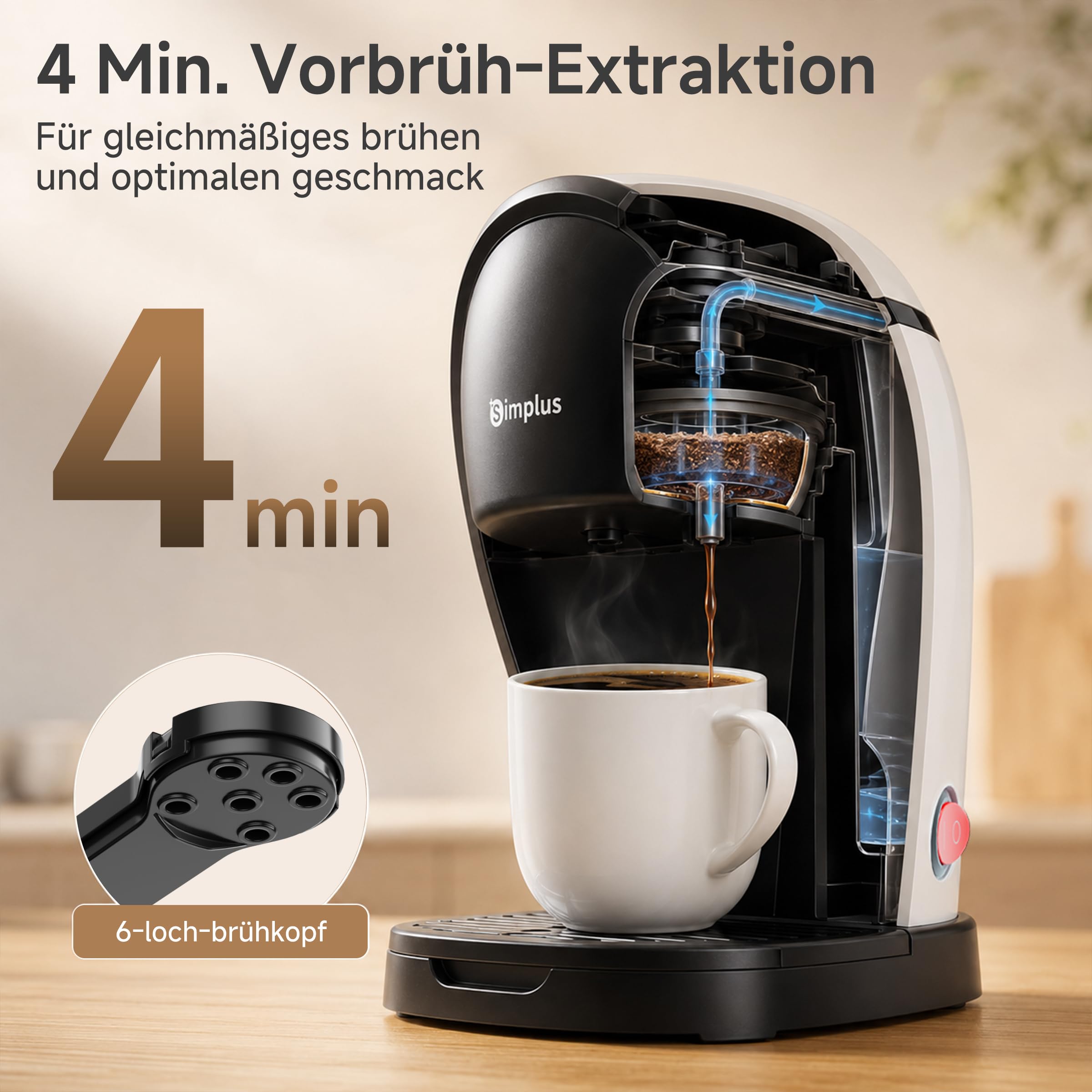 SIMPLUS Mini Filterkaffeemaschine für 2 Tassen, Kleine Kaffeemaschine mit Dauerfilter, 250ml Wassertank, 4-Minuten Brühzeit, Ein-Knopf Bedienung, Kompakte Kaffeemaschine für Büro, Küche