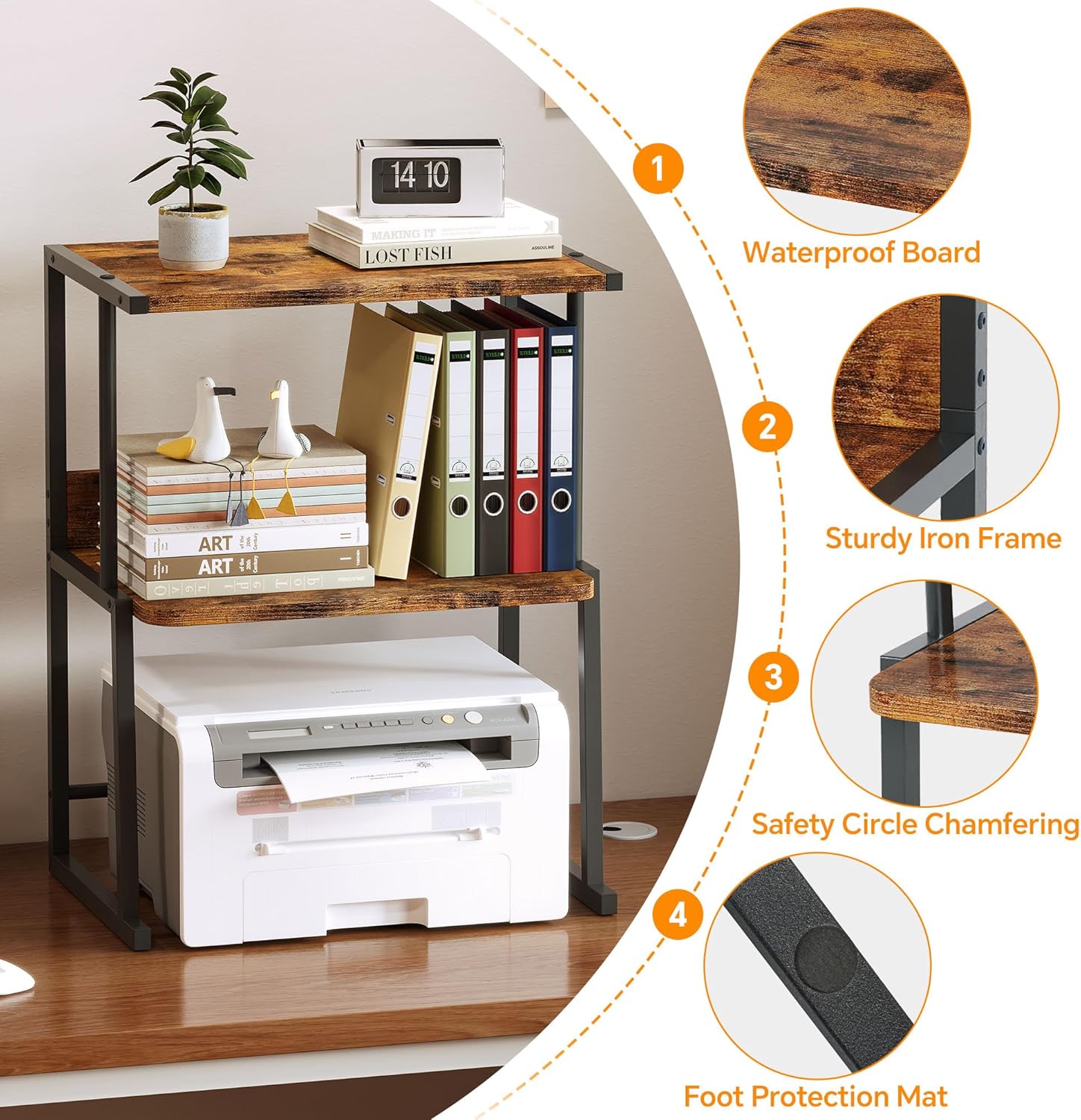 Homeiju 3-Tier Desk Shelf Printer Stand with Storage, Wood Top Heavy Duty Metal Frame, Organizer for Home Office, Holds Printer Books Supplies, Rustic Brown