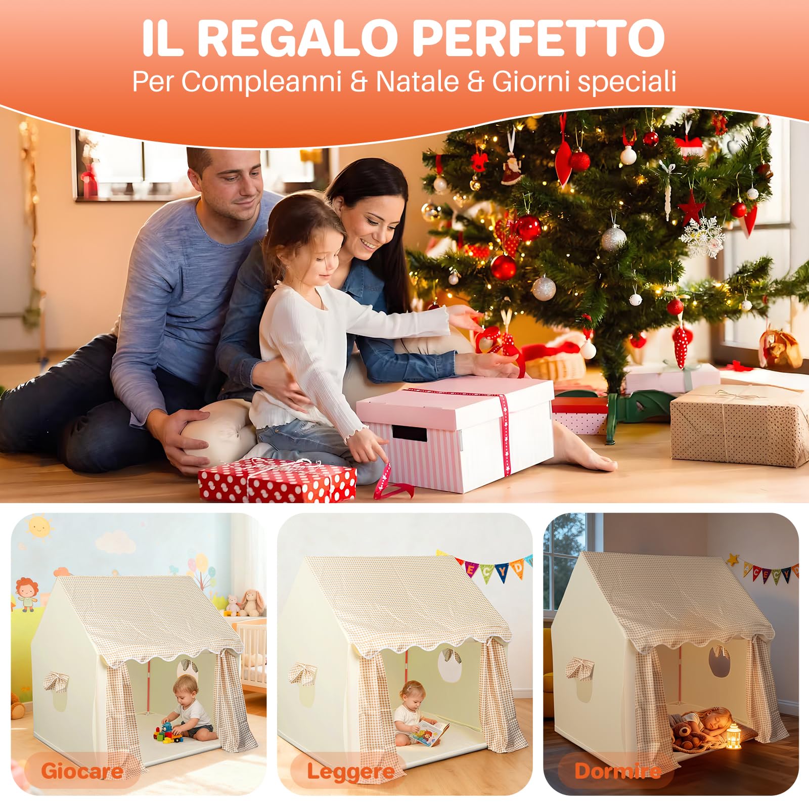 FUNYKICH Tenda per Bambini,Tenda per Bambini da Gioco con Struttura in Metallo,IncludeTappetino Antiscivolo,Luci e Borsa Organizzatore,Casetta Multifunzione per Interni/Esterni,120x100x130 cm