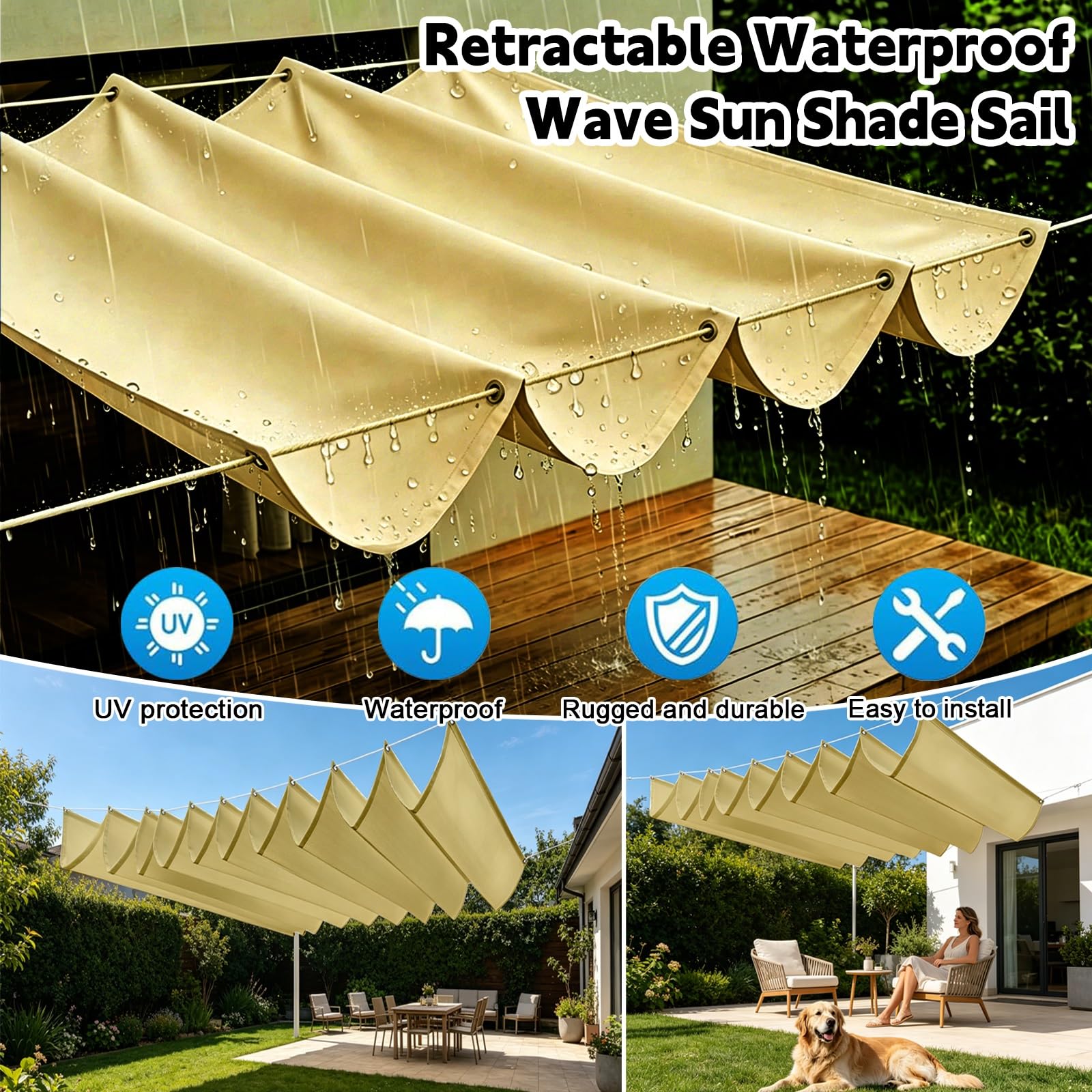 Toldo Retráctil Ondulado 100 x 1050 cm con Ojales y Cuerda, Vela Sombra Impermeable y Rectangular con Bloqueo UV y Resistencia a Desgarros para Jardín Porche Patio Barbacoa, Amarillo Arena