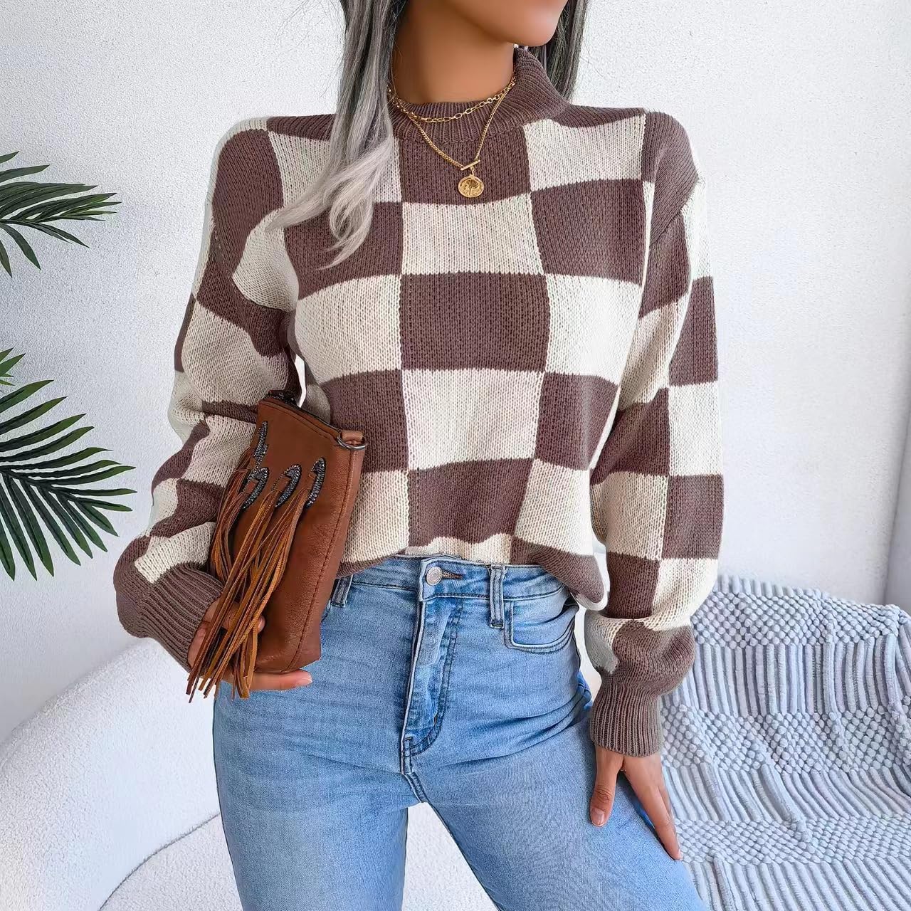 Women's Color Block Checkered Crew Neck Long Sleeve Y2K Plaid Knitted Pullover Sweater Tops Vintage Preppy Style Knitwear - Image 2