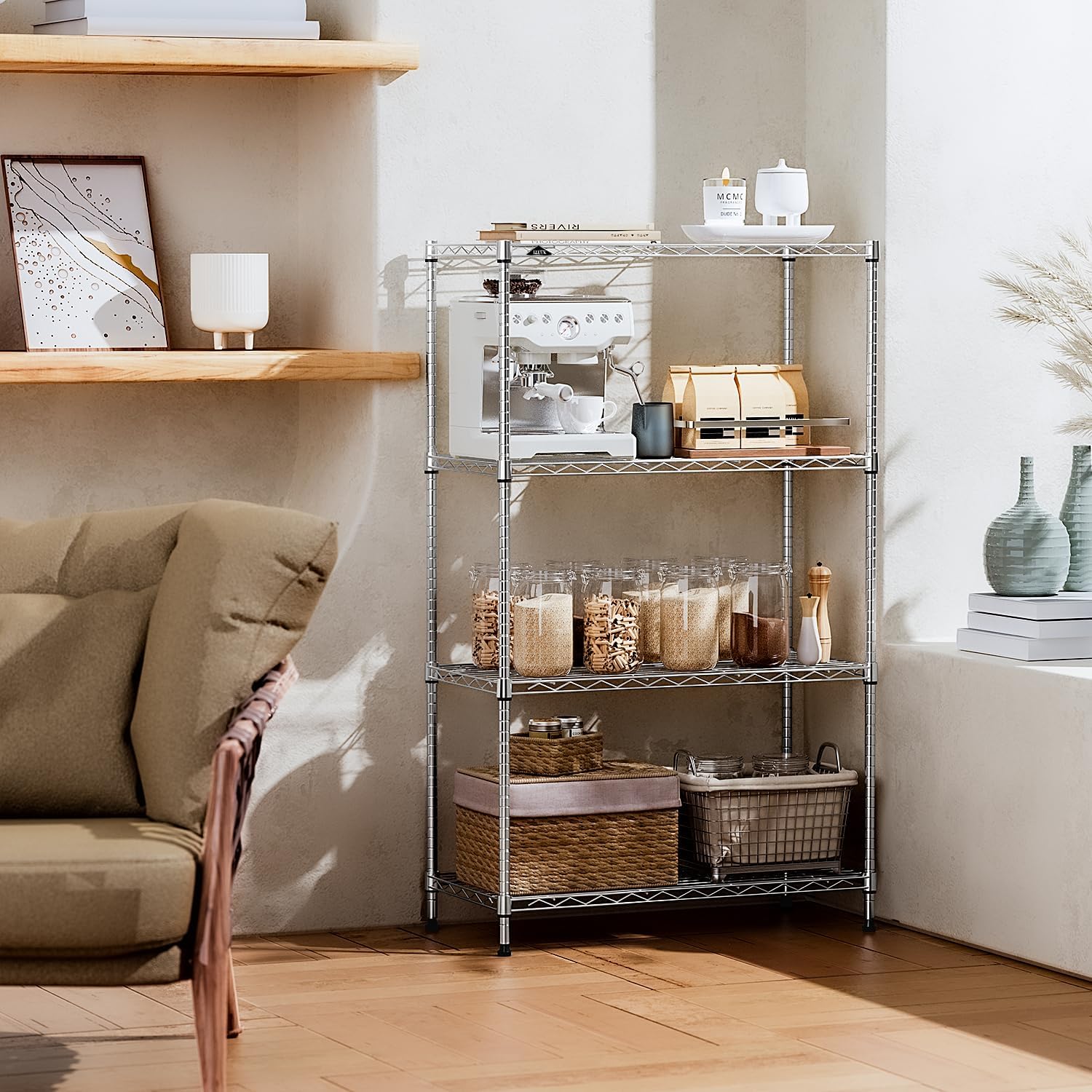 IZEUK 4-Tier Heavy Duty Steel Storage Shelves, Metal Shelf Wire Shelving Rack for Pantry, Kitchen, Home, or Office Organization (29.5" W x 13.7" D x 47.2" H, 1000LBS, Chrome) - Image 2