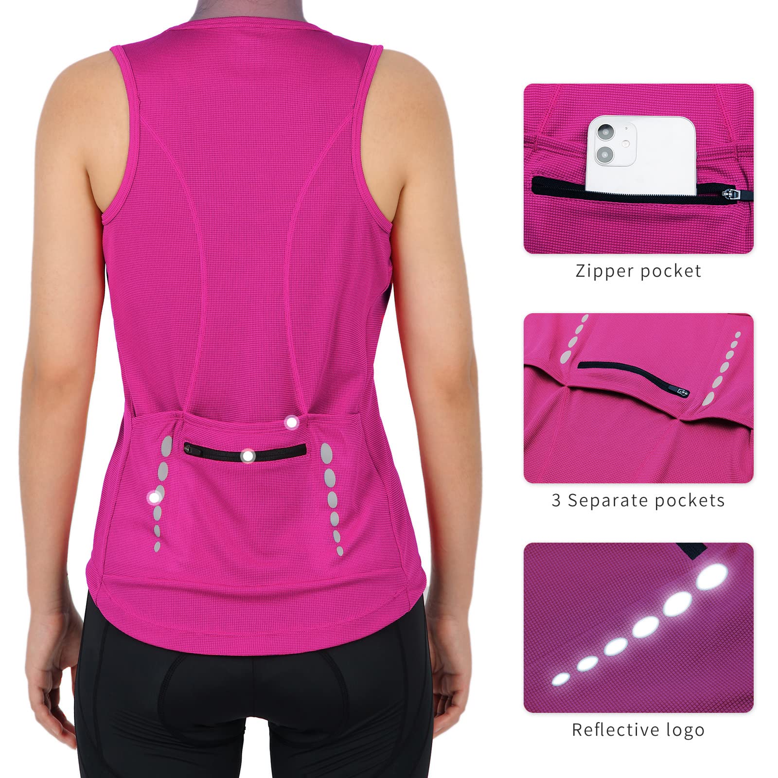 Canotte da ciclismo da donna, scollo rotondo, per corsa, sport, palestra, filatura, senza maniche, con tasche, Viola, XXL