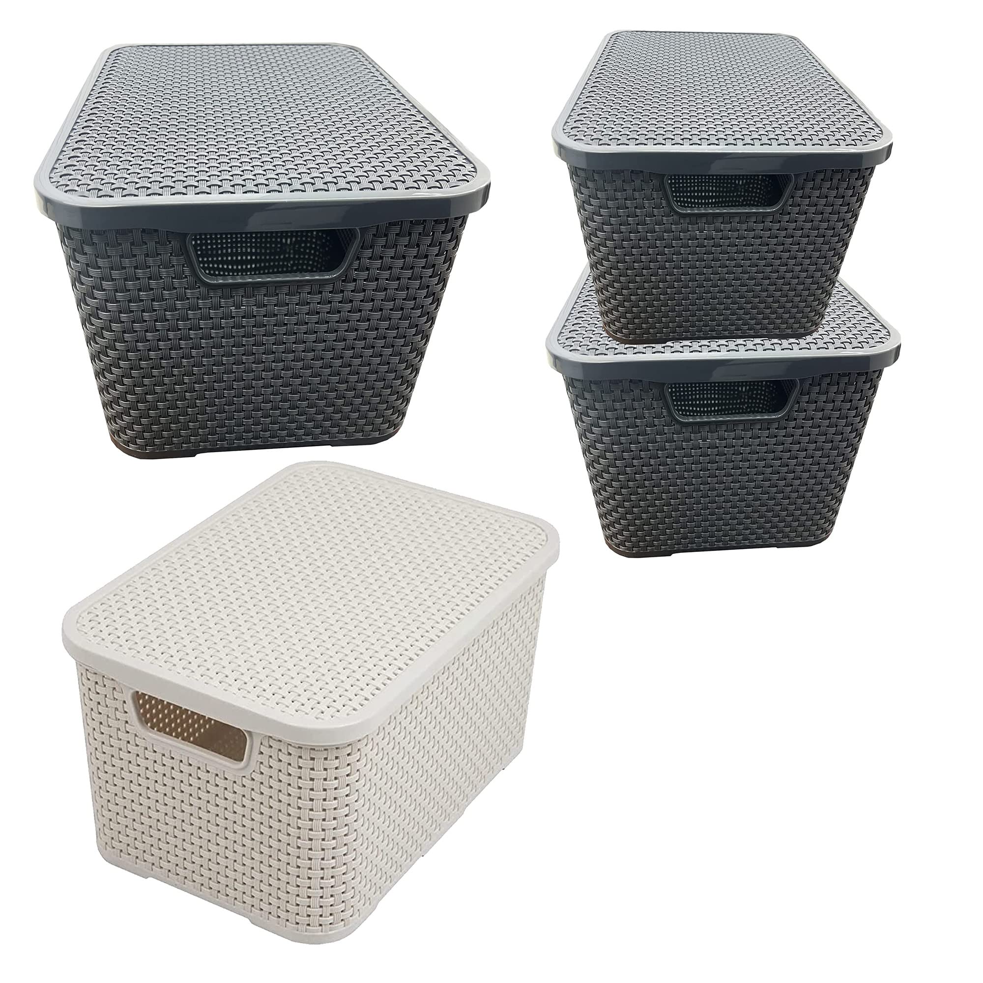 STAR SUPPLIES Cream & Grey Rattan Effect Baskets For Home Office Laundry Kitchen Storage Boxes (8 Baskets, Cream)