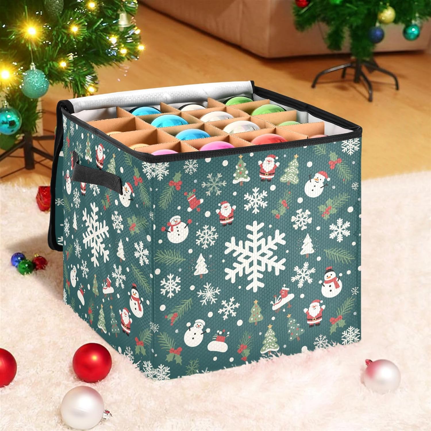 High Capacity Christmas ornament storage bag Holds Up to 64, Two Handles handy Holiday Storage Case with Lid,Christmas Snowflake Santa Dark Green