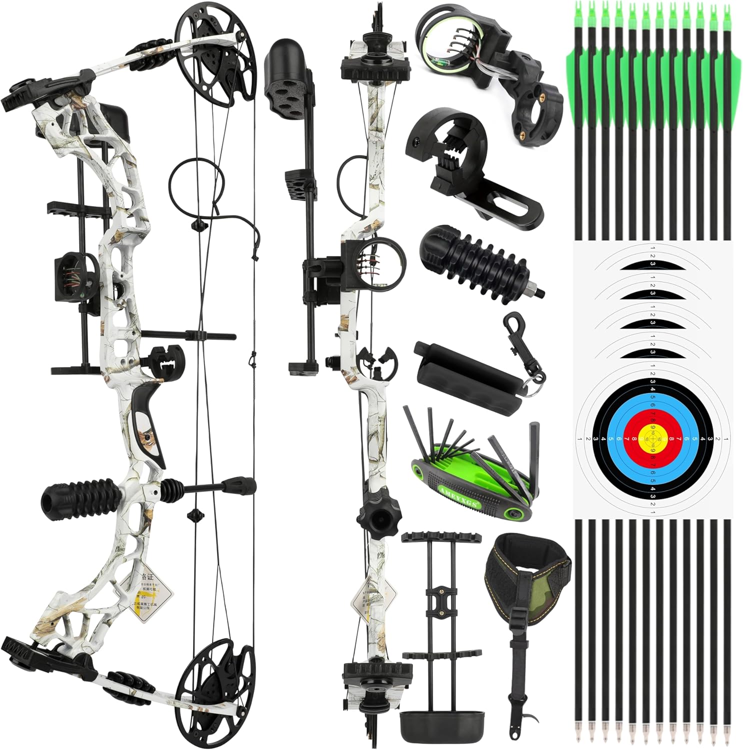 Compound Bow Kit 35-70LBS Adjustable - 16-30" Draw Length, IBO 320FPS Archery Set with Hunting/Target Accessories (White)