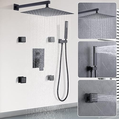 Miniatura 2 de Enga Sistema de ducha de lluvia negro mate con 4 chorros de cuerpo de 12 pulgadas de montaje en pared, sistema de cabezal de ducha múltiple de metal