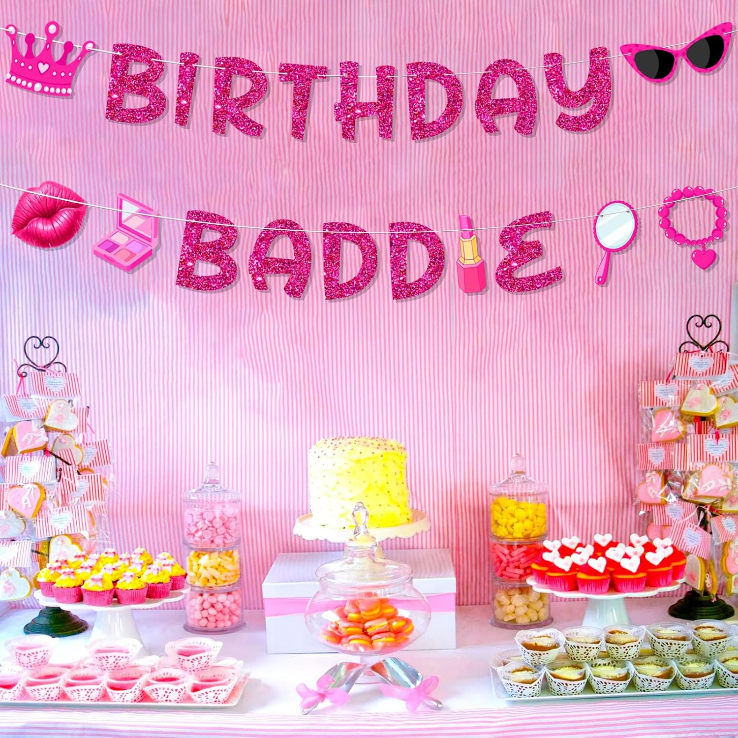 Pre-Strung Hot Pink Birthday Baddie Decorations, NO DIY Glitter Birthday Baddie Banner, Funny Brithday Party Supplies for Women and Girls - Image 2
