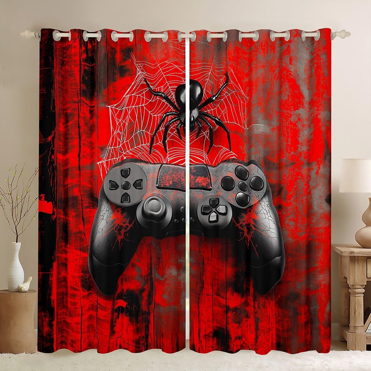 Manfei Gamer Gamepad Kids Window Curtains,Halloween Spider Web Window Drapes for Boys Girls,Tie-dye Graffiti Videogames Controller Console Red Window Treatments Grommet Top 2 Panel Set,38Wx45L inch