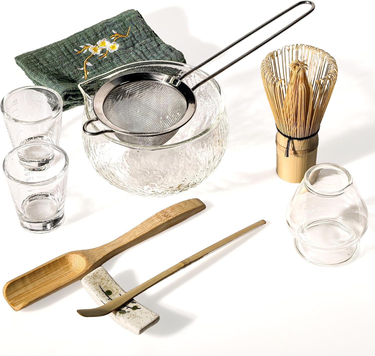 10 Pcs Matcha Whisk Set, 500 ml/18 oz Glass Matcha Bowl and Whisk Holder & Measuring Cup, Bamboo Matcha Scoop & Stainless Sifter, Japanese Ceremonial Matcha Tea Making Tools Kit