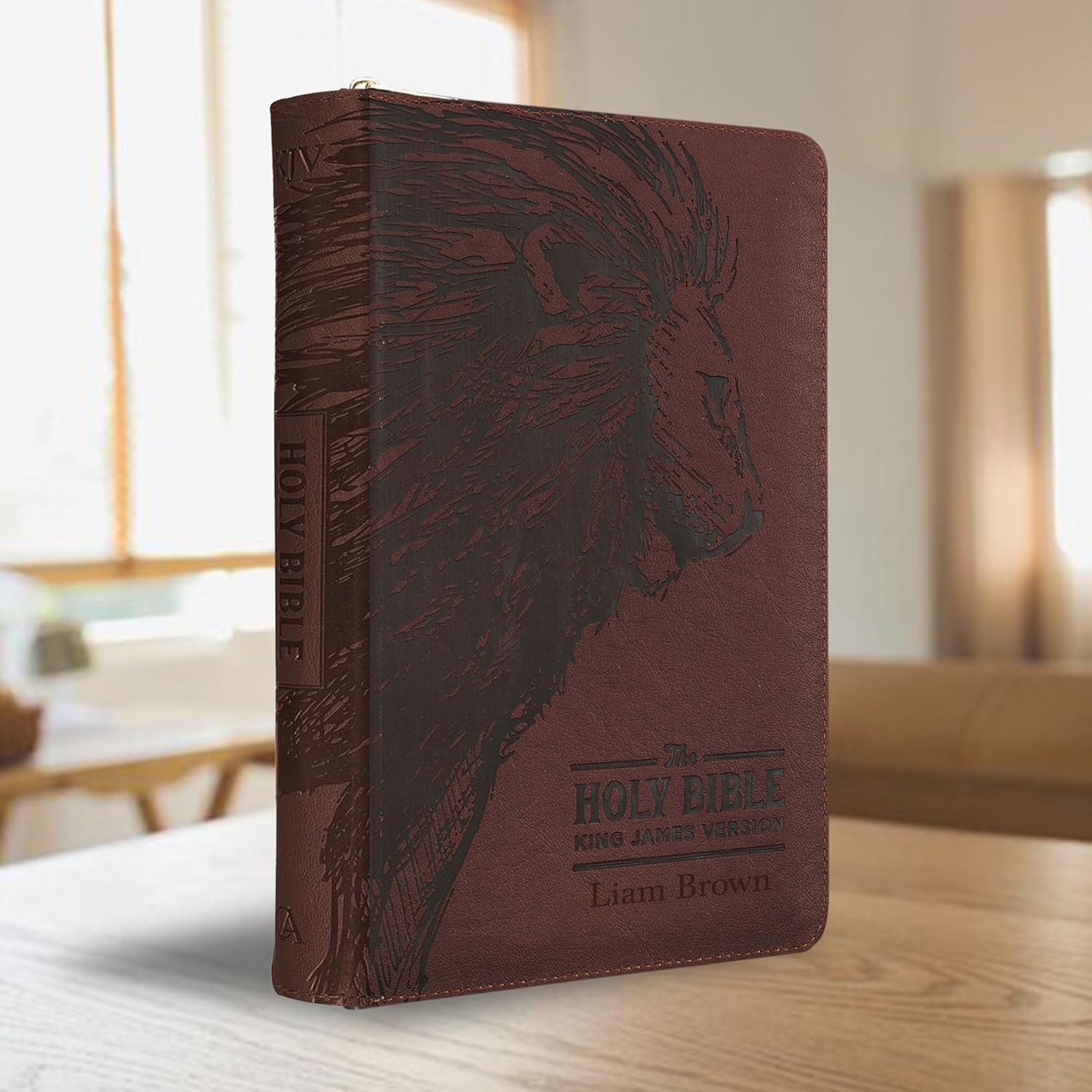Personalized KJV Deluxe Holy Bible Walnut Brown Faux Leather Medium Print Size with Lion Head Design, Zipper and Index Tabs Custom with Name, Date or Text | Gift for Christian & Religious Celebrations