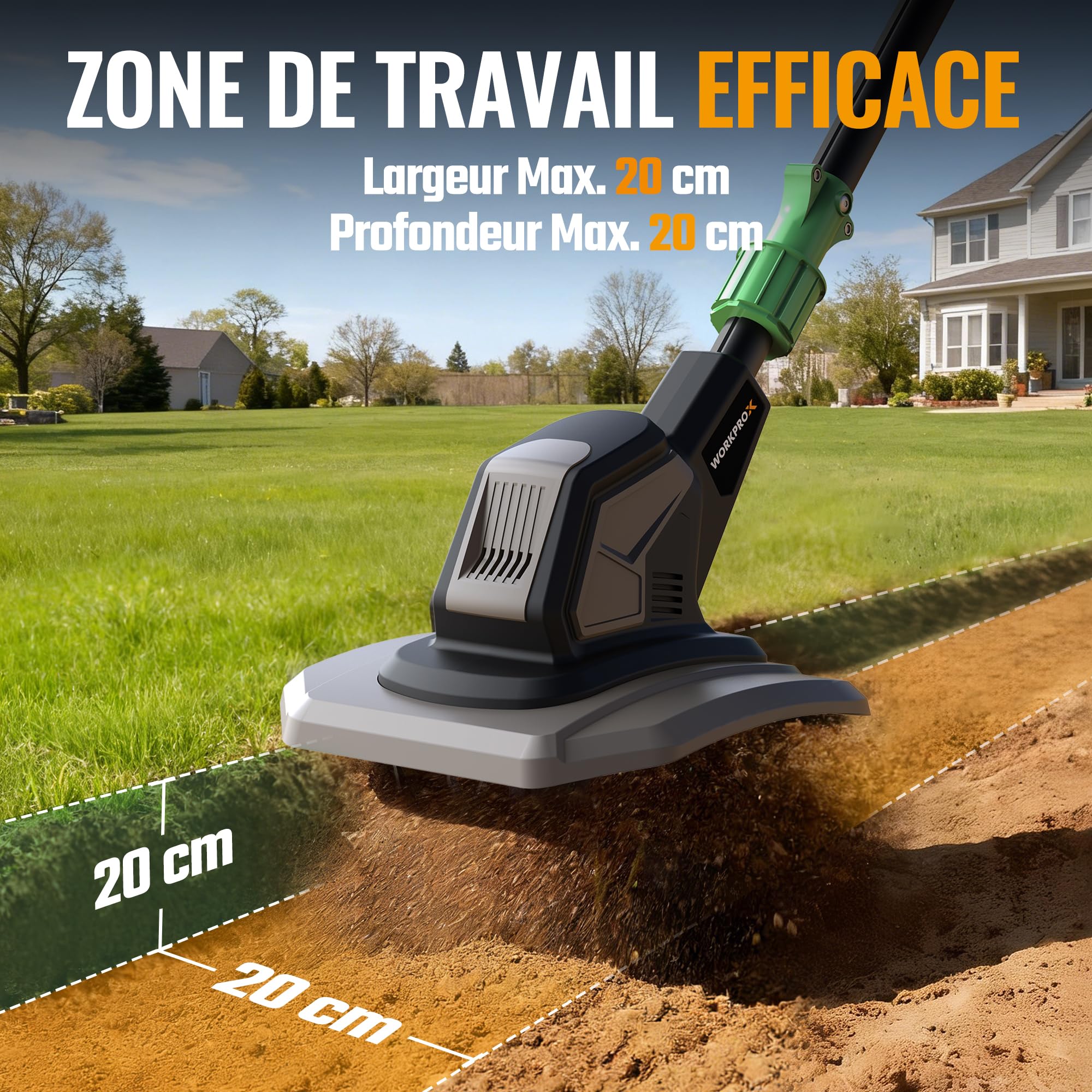 WORKPROX Motobineuse Électrique sans Fil 20V, Mini Cultivateur Électrique, Largeur/Profondeur 20 cm, 280 tr/min, Batterie 4,0 Ah, Légère 4,7 kg, Cultivateur Compact pour Jardin et Entretien du Sol