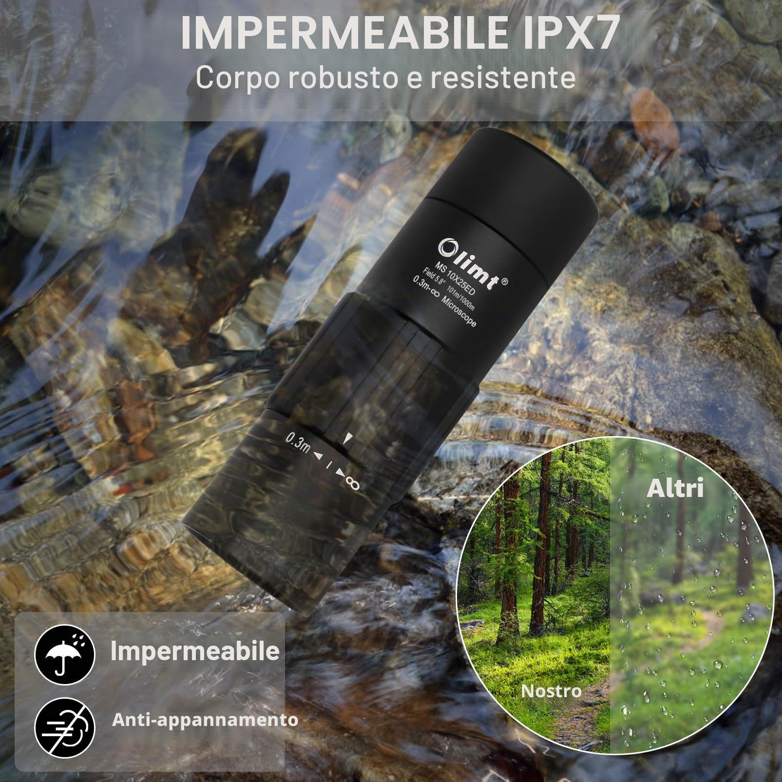 Telescopio monoculare, ingrandimento 10 x 25, compatto, formato tascabile, nero
