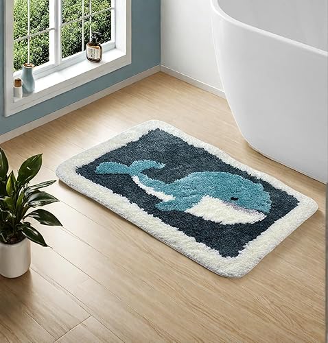 Miniatura 3 de Alfombra de baño de microfibra con diseño de ballena, alfombra de baño para niños, decoración náutica con peces y océano, antideslizante, suave,