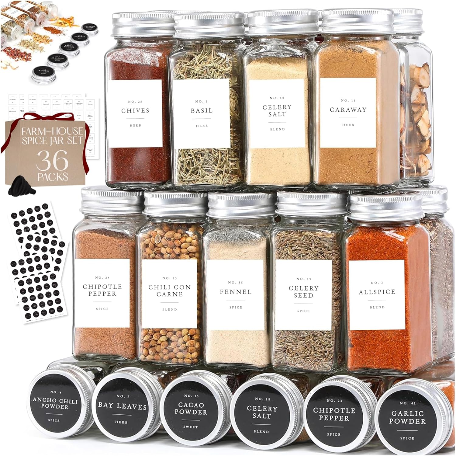 Glass spice jars with labels and lids (36-pack) for kitchen