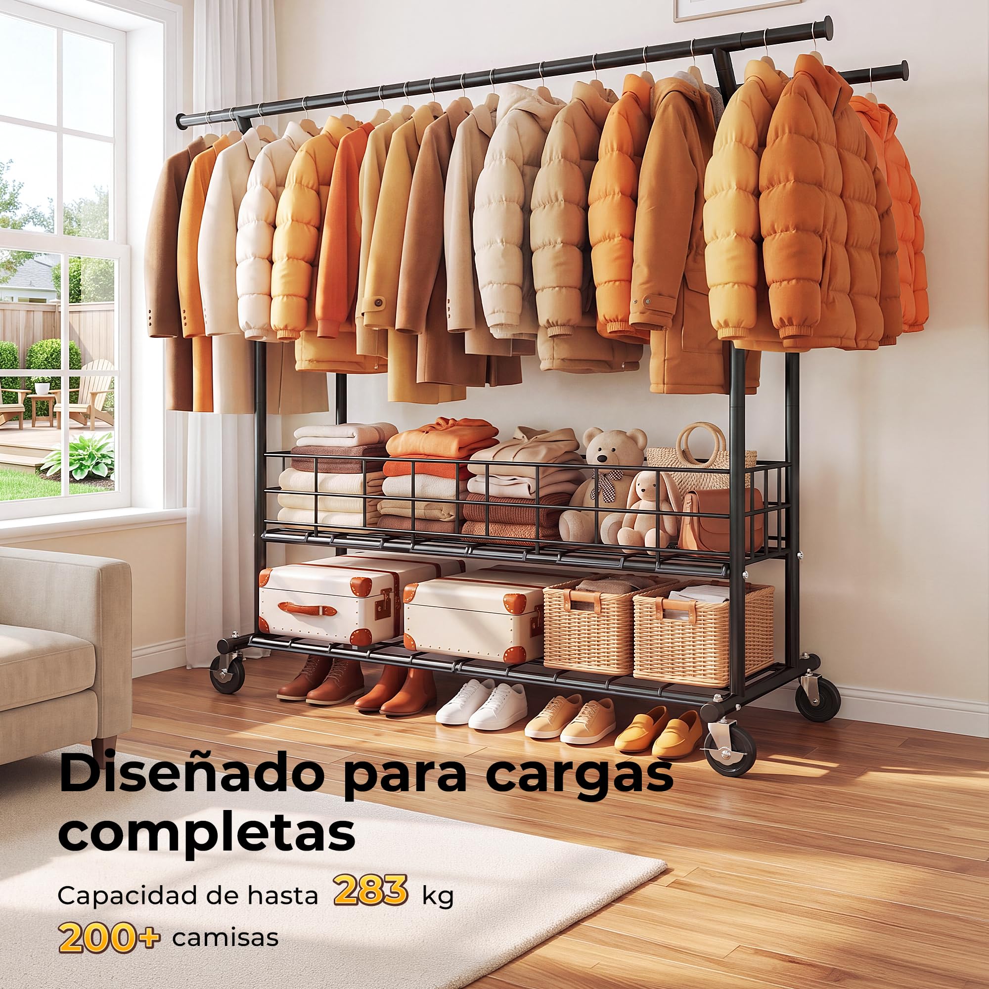 HOKEEPER Burro de Ropa Resistente de Doble Barra, 283kg, con Cesta de Malla y Estante, Extensible - Ideal para Dormitorio, Boutique, Lavandería, Negro | Barra para colgar ropa resistente con 4 ruedas, 2 bloqueos, fácil montaje, larga duración, doble barra