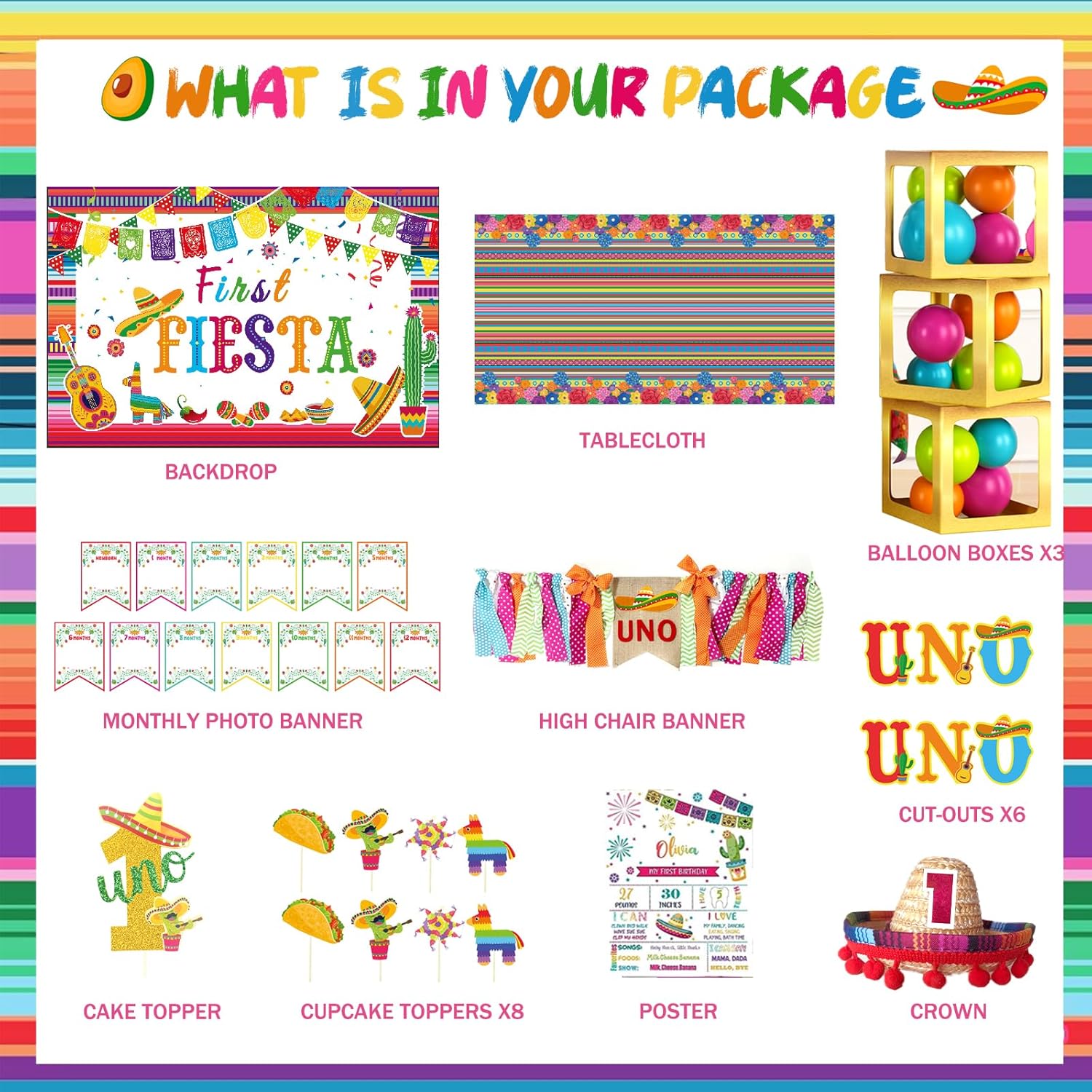 First Fiesta Birthday Decorations, Mexican Theme 1st Party Decorations, 1st Birthday Decorations Boy Girl, Uno Taco Backdrop Balloon Banner Tablecloth Cake Topper Crown Box Cutout Poster