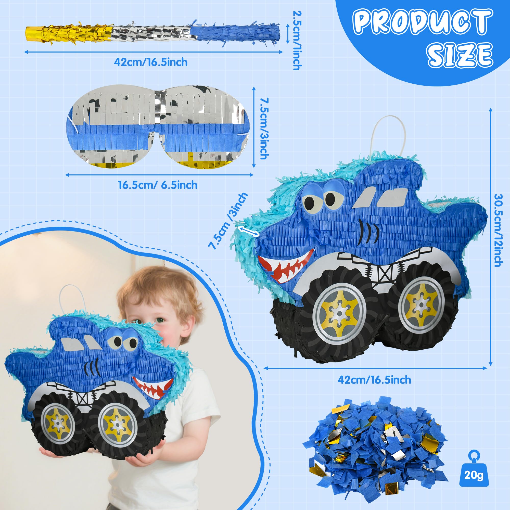 Paquete de piñata de camión monstruo de tiburón pequeño con venda, murciélago y confeti (16.5 x 12 x 3 pulgadas), perfecto para fiestas de cumpleaños, decoraciones de fiesta temática de monstruos