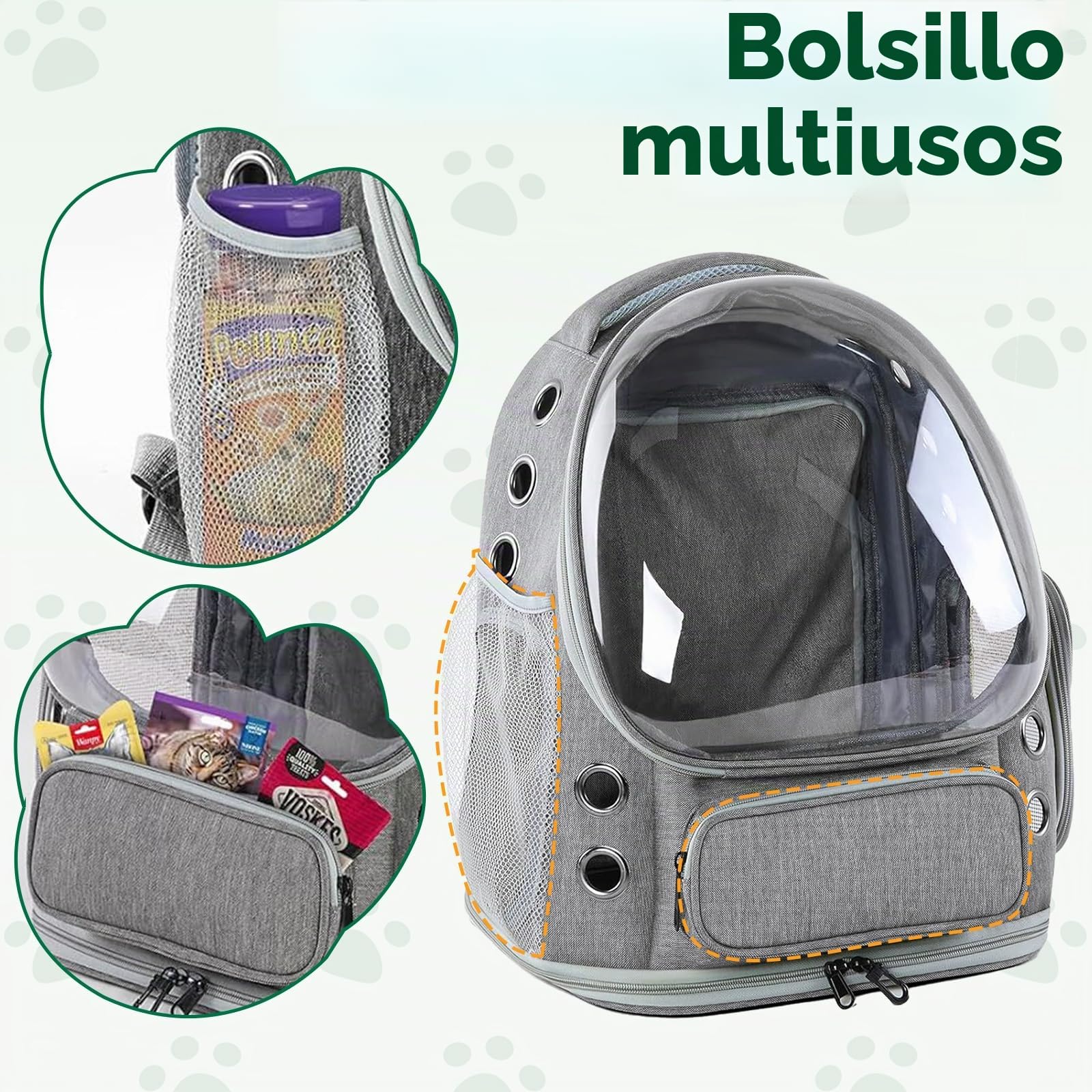 Transportin Mochila Gato Transparente Extensible, Mochila para Gatos Transporte Burbuja, Mochila Mascota Gato y Perros Pequeños Medianos hasta 8kg, Transpirable Plegable para Viajes Coche Gris