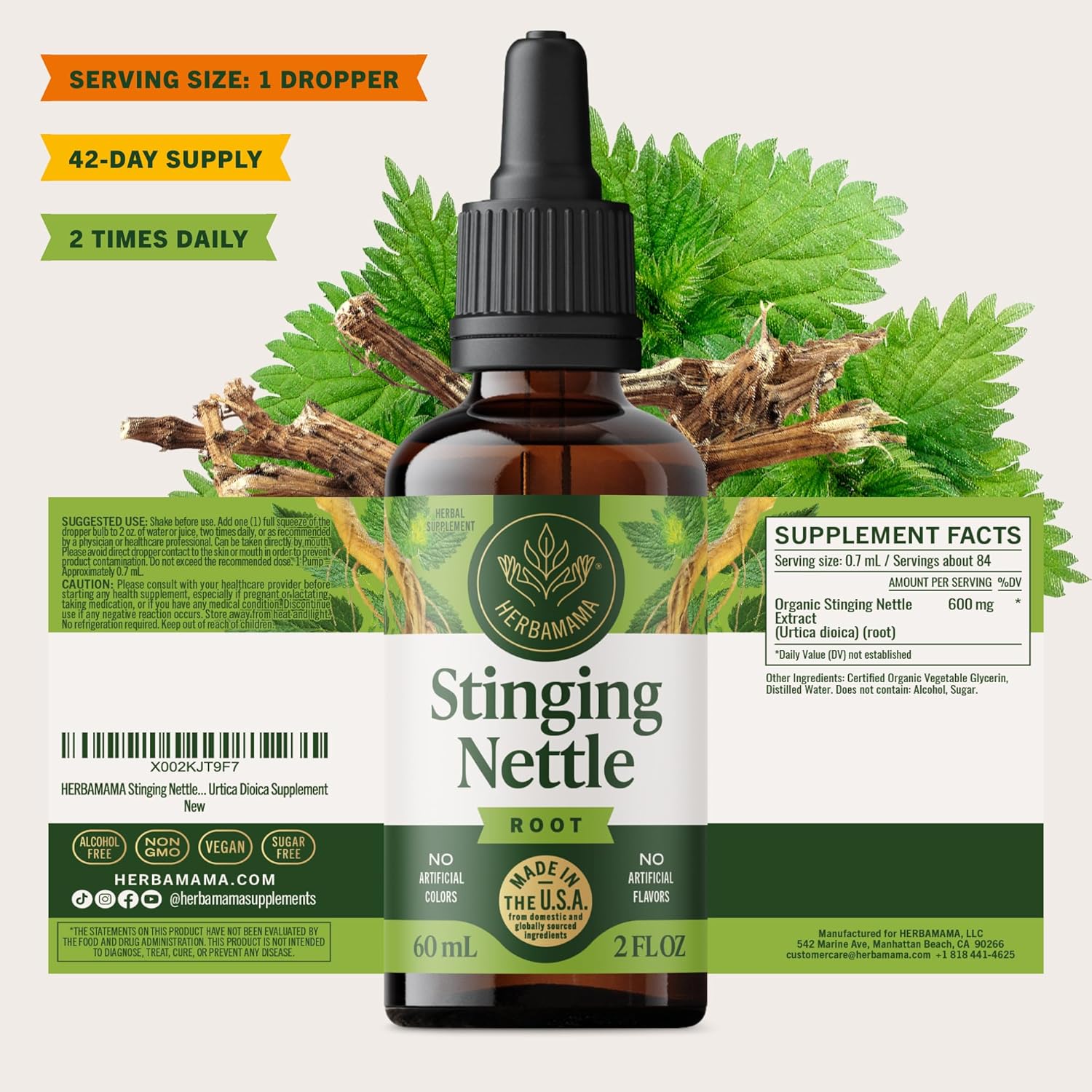 HERBAMAMA Stinging Nettle Tincture - Vegan Urinary Tract Support with Stinging Nettle Root Extract - Non-GMO, Alcohol & Sugar-Free Urtica Dioica Supplement - 42-Day Supply - Image 8