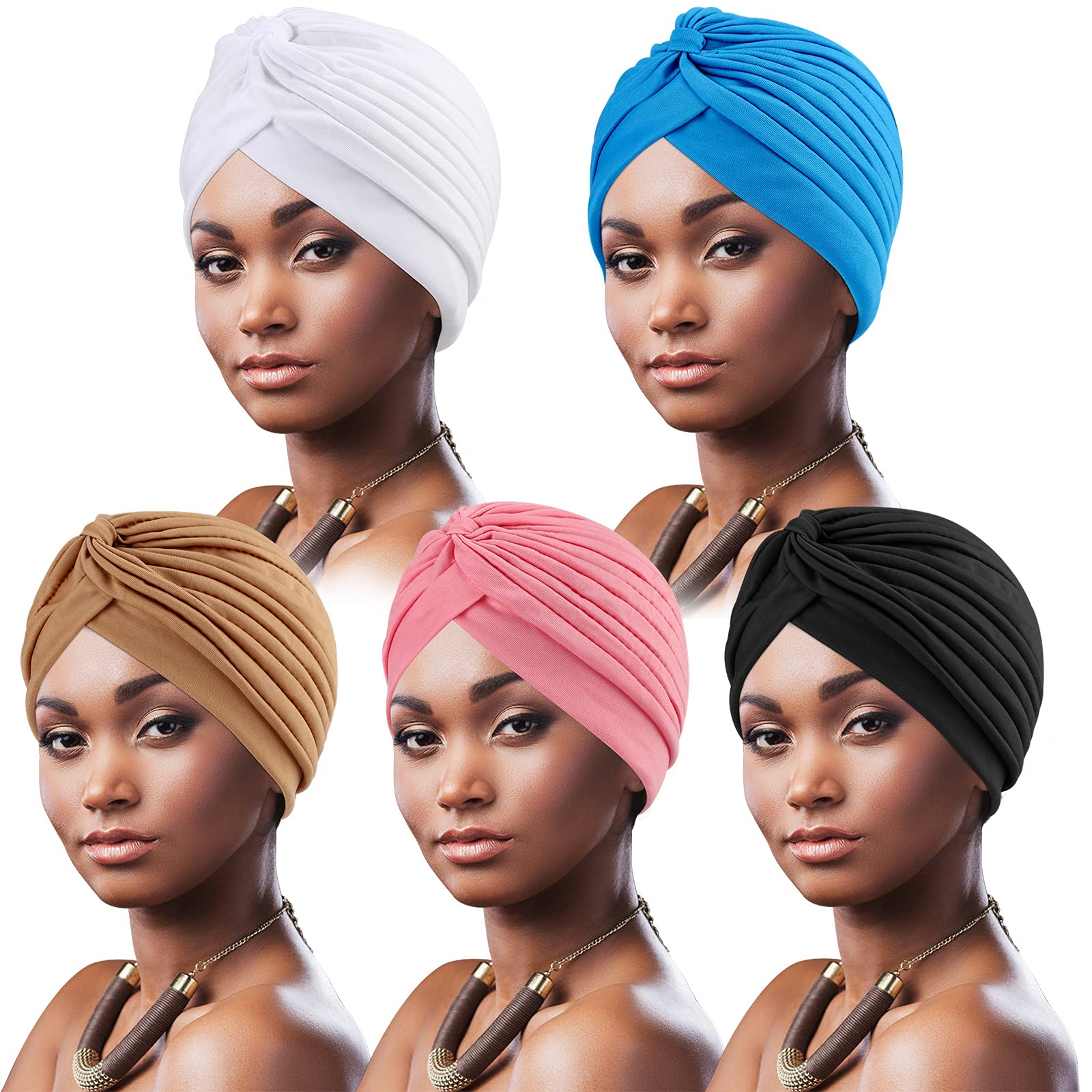 DRESHOW 5 Pack Women Turban African Pattern Knot Headwrap Beanie Pre-Tied Bonnet Chemo Cap Hair Loss Hat