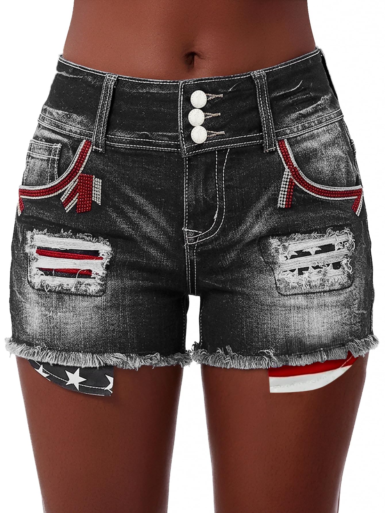Flamingals Distressed Jean Shorts for Women High Waist American Flag Button Fly Raw Hem Denim Shorts