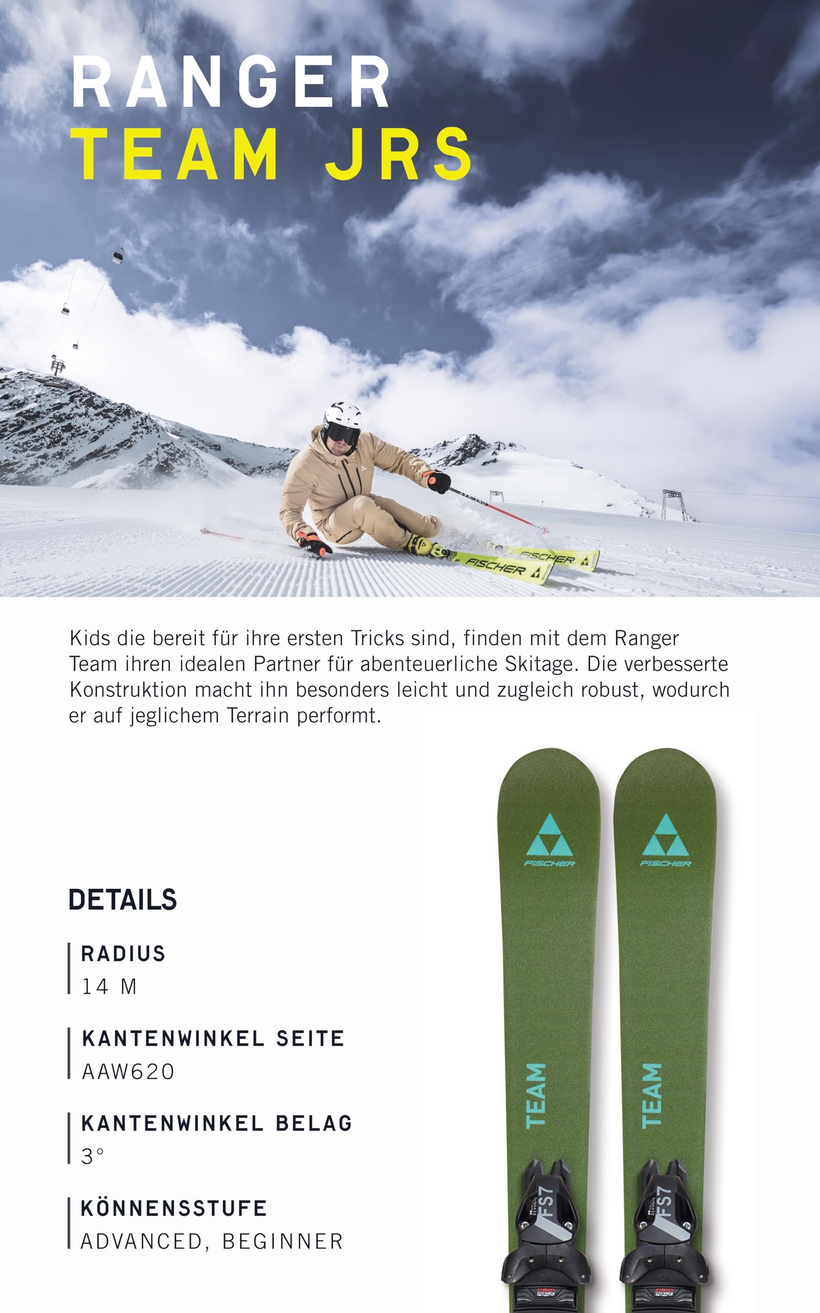 Fischer Kinder Skier Ranger Team JRS 101 cm - Für schnelle Flips und Drehungen, Identische Fahreigenschaften Regular und Fakie, Oliv