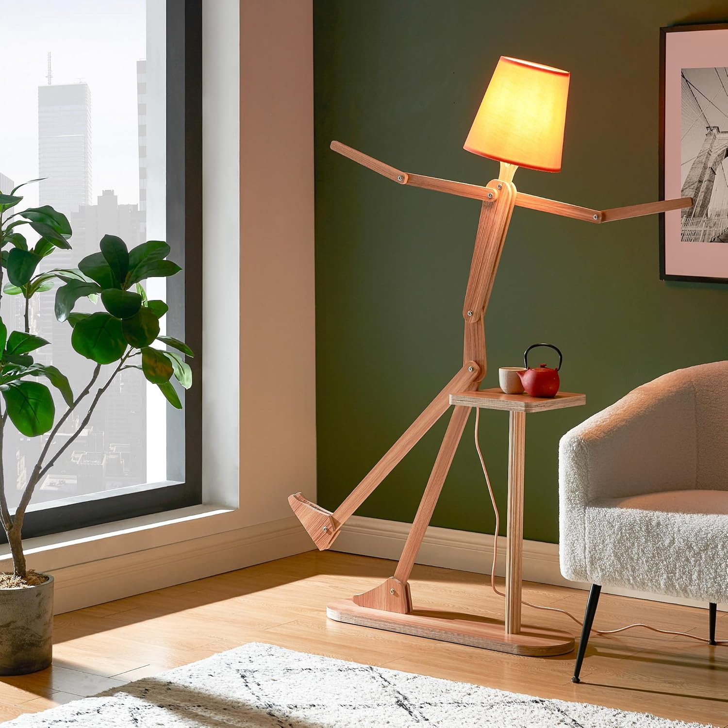 Unique Wood Floor Lamp Tea Table for Living Room Bedroom Kids Bedside - Corner Reading Creative Swing Arm Standing Light for Home Office Farmhouse LED Bulb Included (Ash Table)