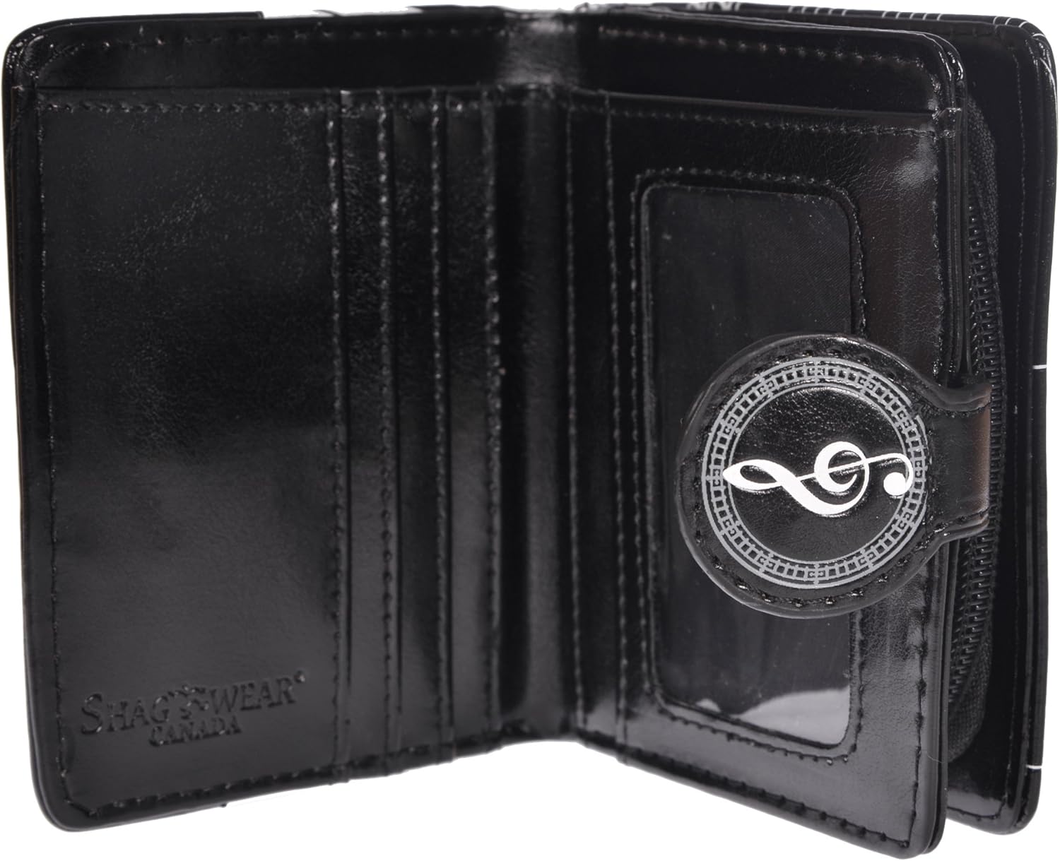 Shag Wear Piano Symphony Small Women’s Wallet, Vegan Faux Leather Bifold with Card Slots, ID Window and Compact Snap Closure in Black 4.5"