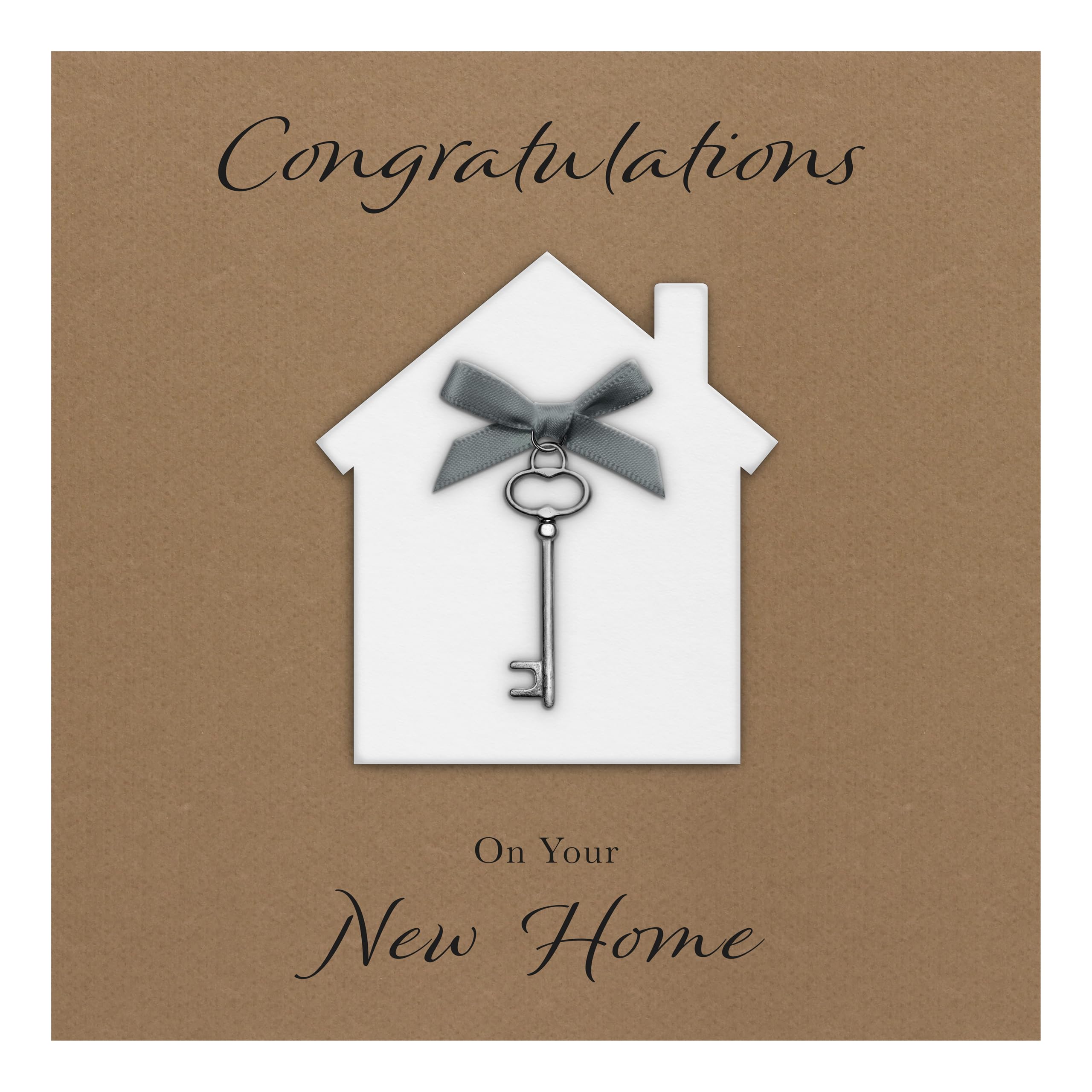 New Home Card "Key Charm & Bow" - Handmade UK (White House/Grey Bow)
