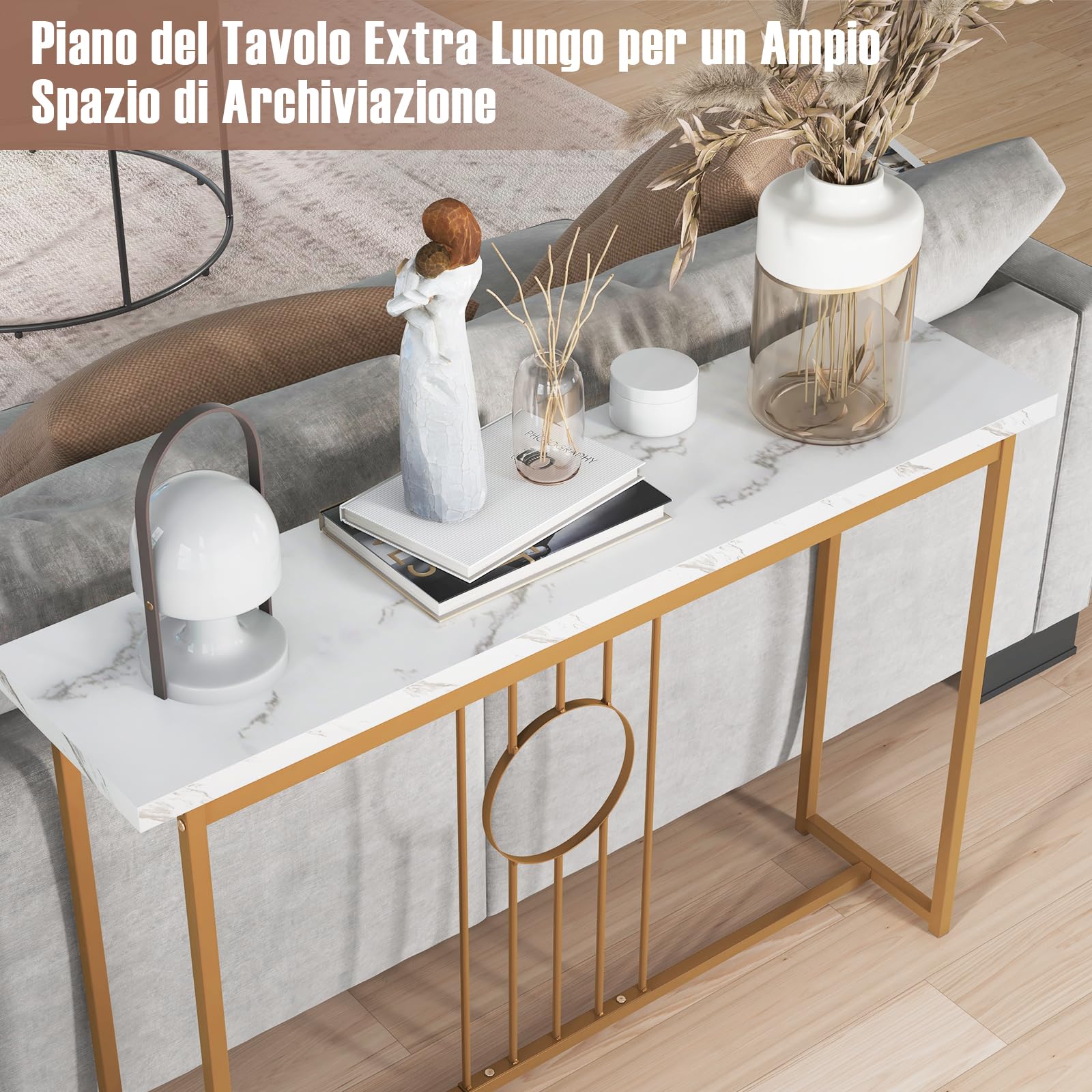 COSTWAY Tavolo Consolle 120CM, Tavolo Moderno con Piano Effetto Marmo, Struttura in Metallo Robusto e Piedini Regolabili, Tavolino da Divano per Soggiorno, Corridoio e Ingresso